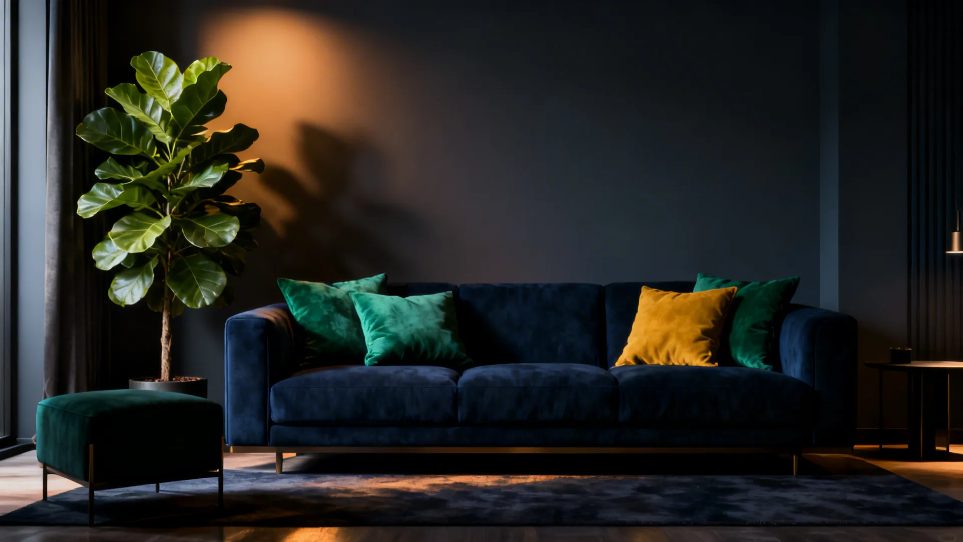 Navy couch styled with emerald and mustard cushions and a large plant for dramatic contrast.