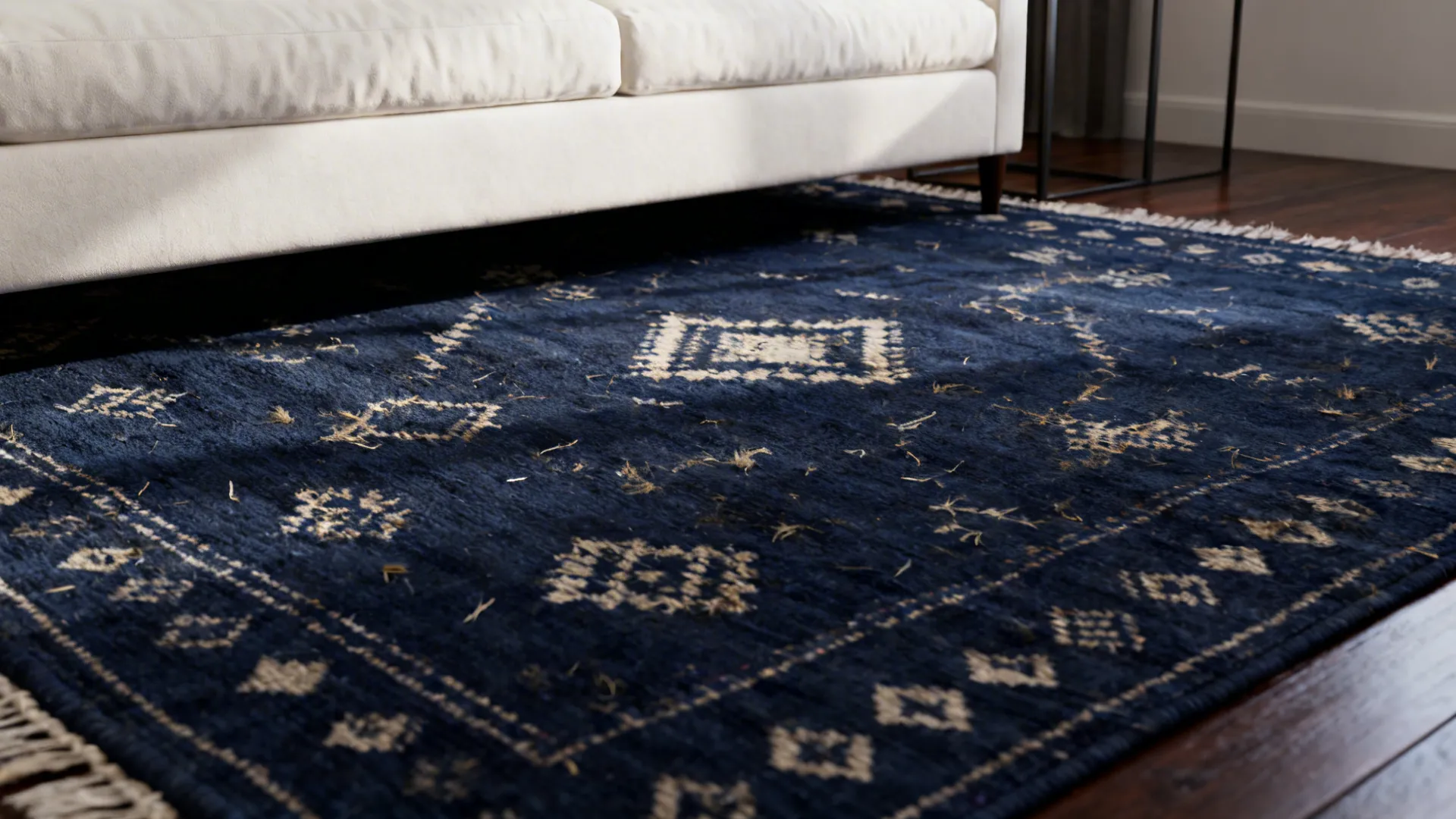 Off-white couch anchored by a deep navy patterned kilim rug in a small living room.