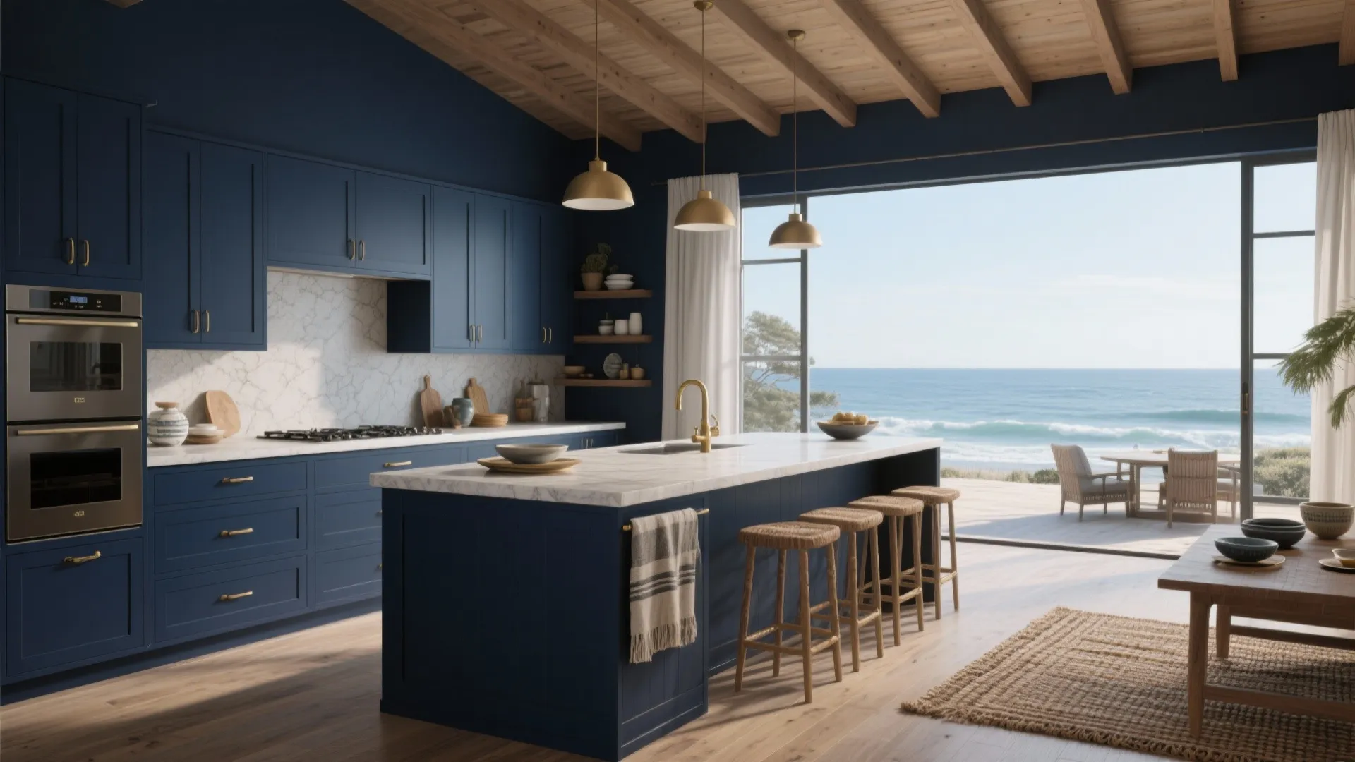 Open-plan coastal kitchen with crisp navy cabinetry, light countertops and textured details.