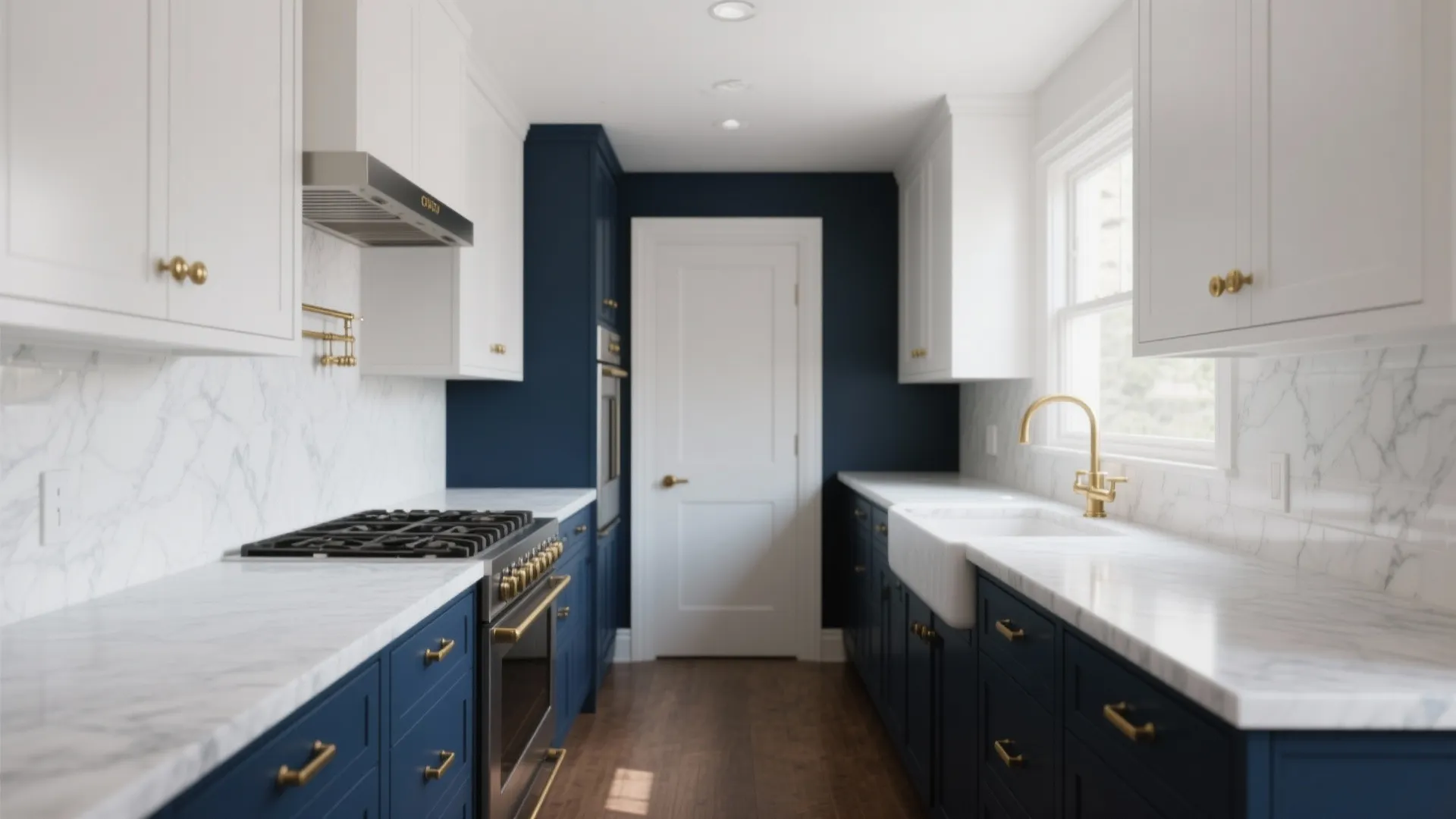 Modern kitchen with navy blue cabinets, white marble counters, gold handles, and dark wood flooring