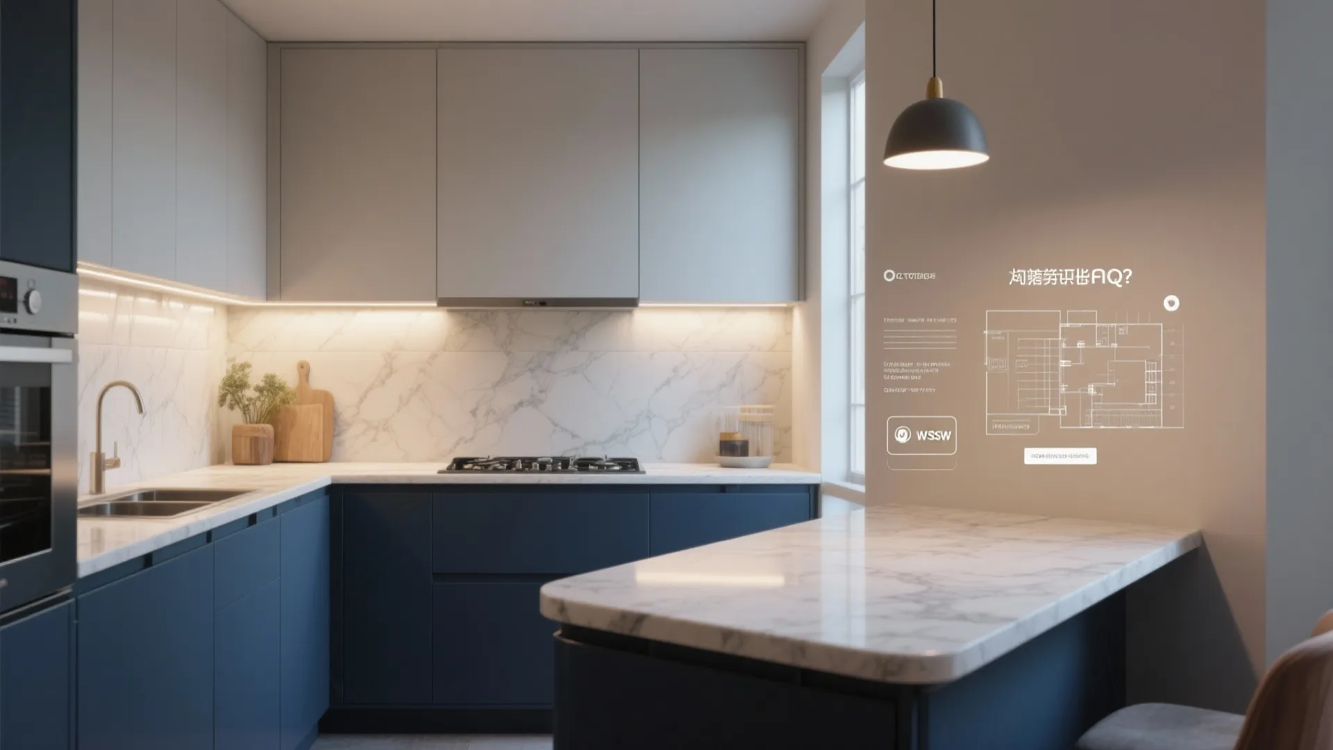 Modern kitchen with navy blue cabinets marble countertops grey upper cabinets and a black ceiling light
