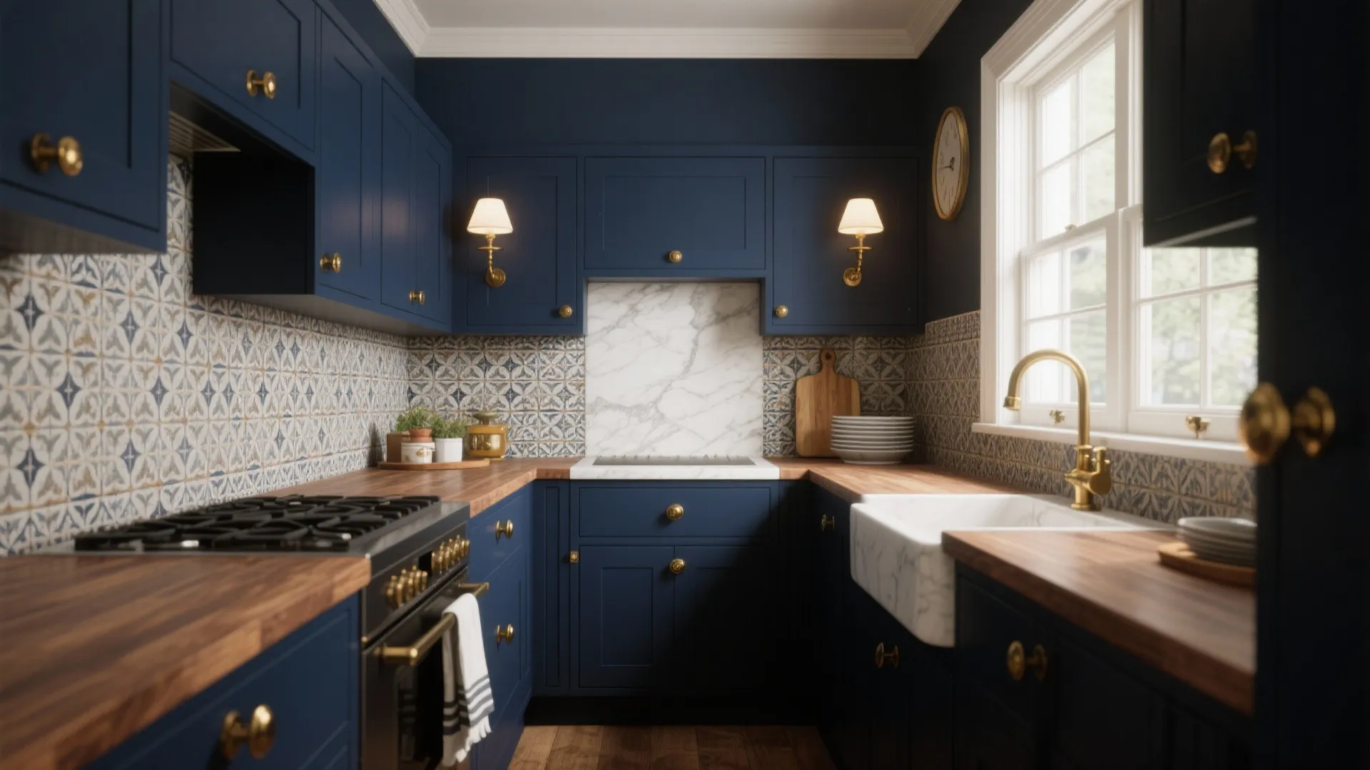 Navy blue kitchen with wood countertop patterned wall tiles white sink and gold water tap
