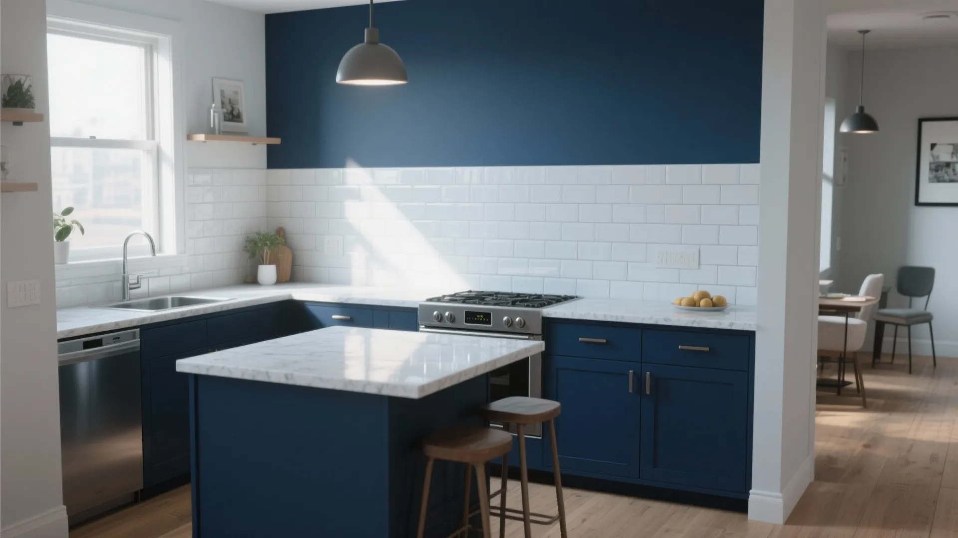 Open-plan small kitchen with navy lower cabinets, light countertops, and a reflective backsplash.