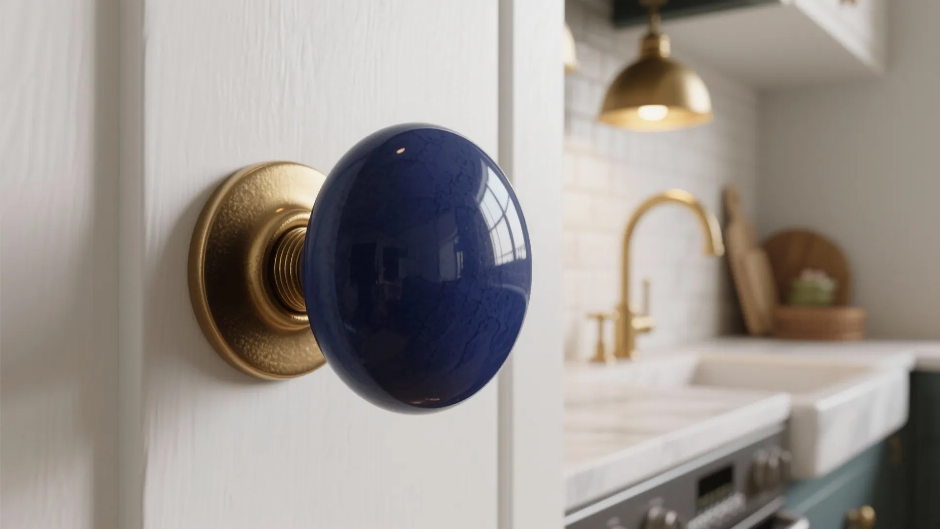 Navy blue door knob on white cabinet with brass base in modern kitchen with gold faucet