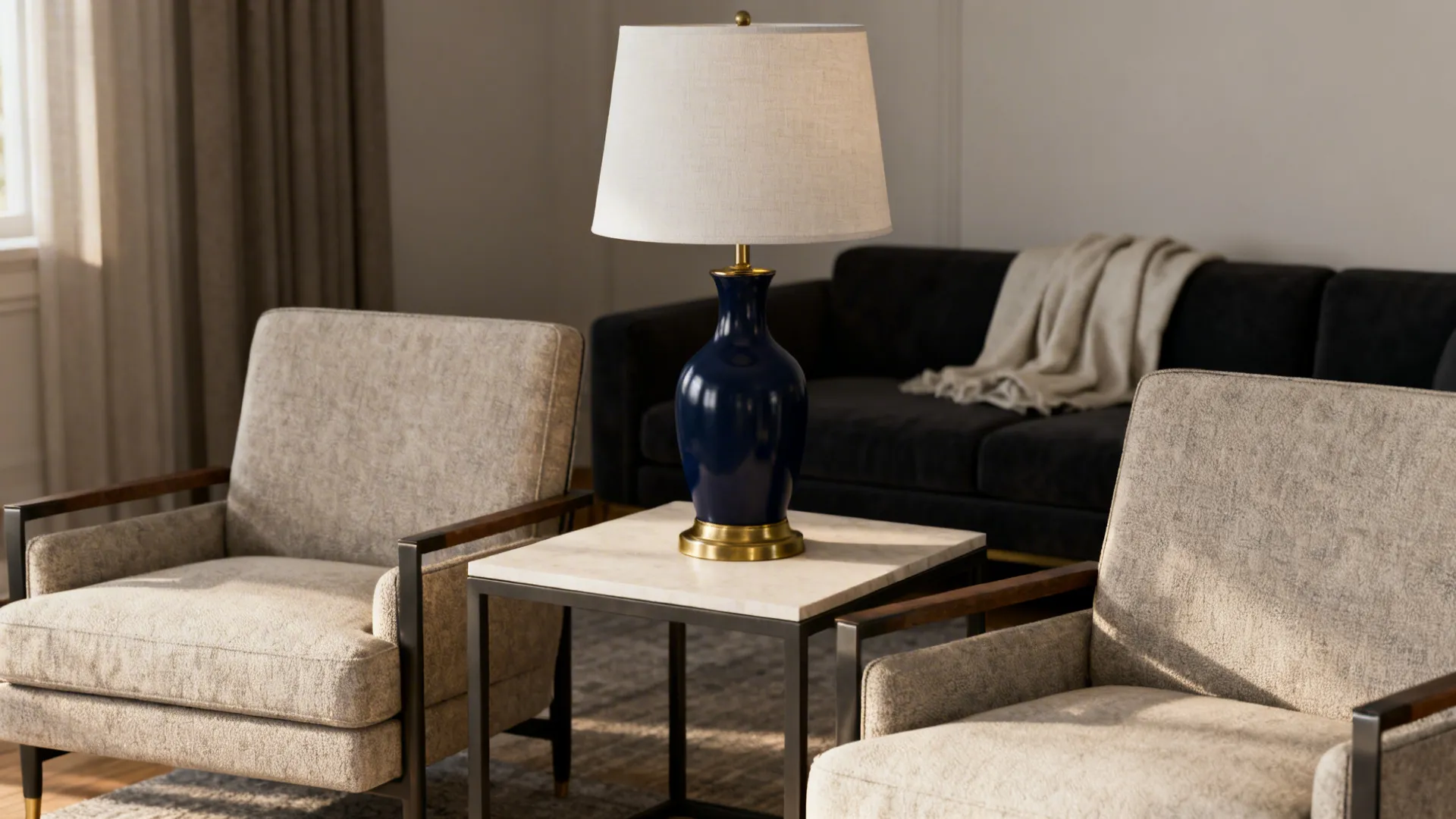 1. Anchor a Seating Cluster with a Deep Navy Lamp