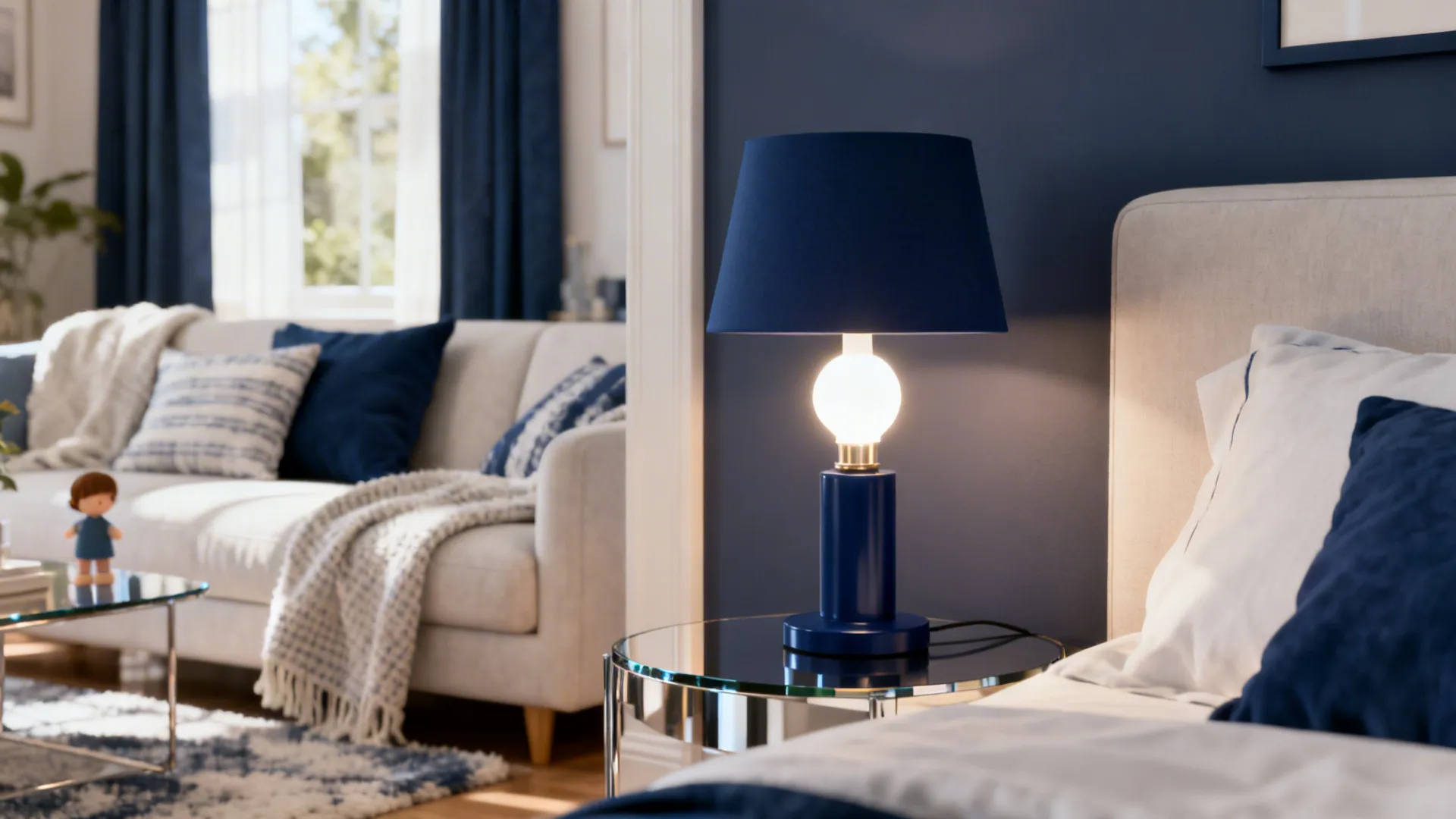 Multiple small vignettes showing navy lamps in safe, balanced placements with warm white bulbs