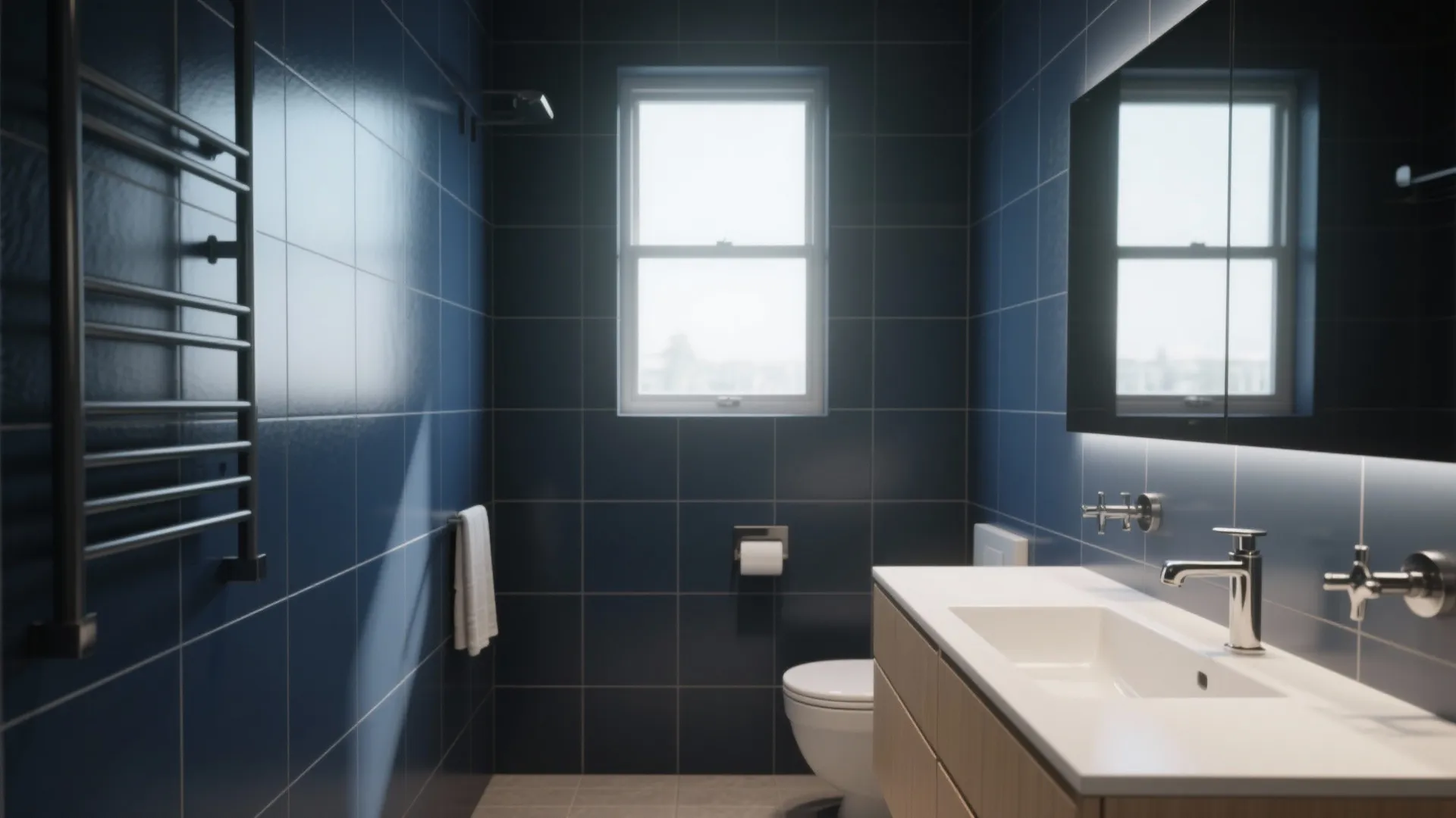 3. Bold navy large-format tiles for a modern look