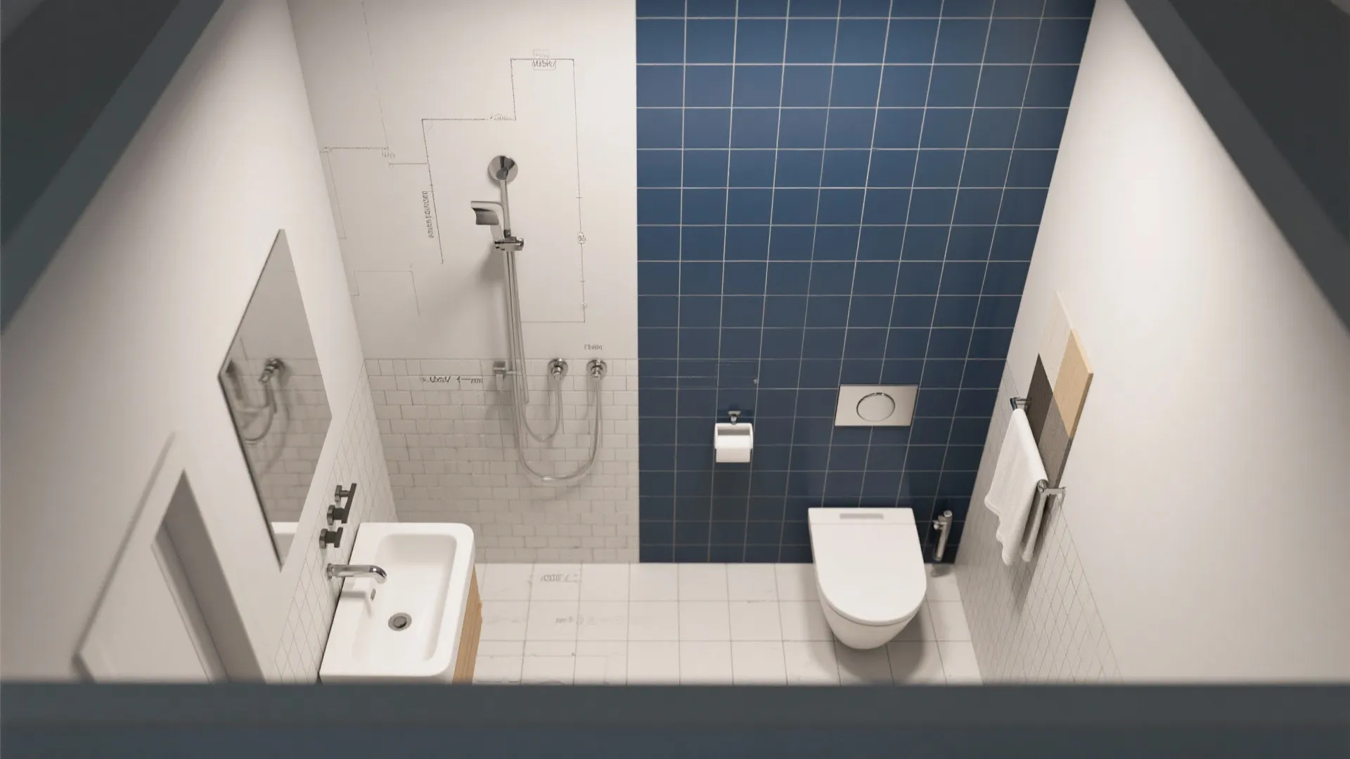 Interior design drawing of a bathroom layout with blue tiles white sink shower and toilet