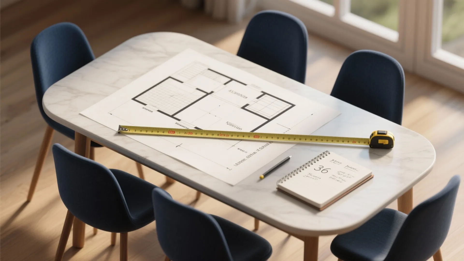 Modern marble table with house floor plan drawing yellow measuring tape blue chairs and notebook