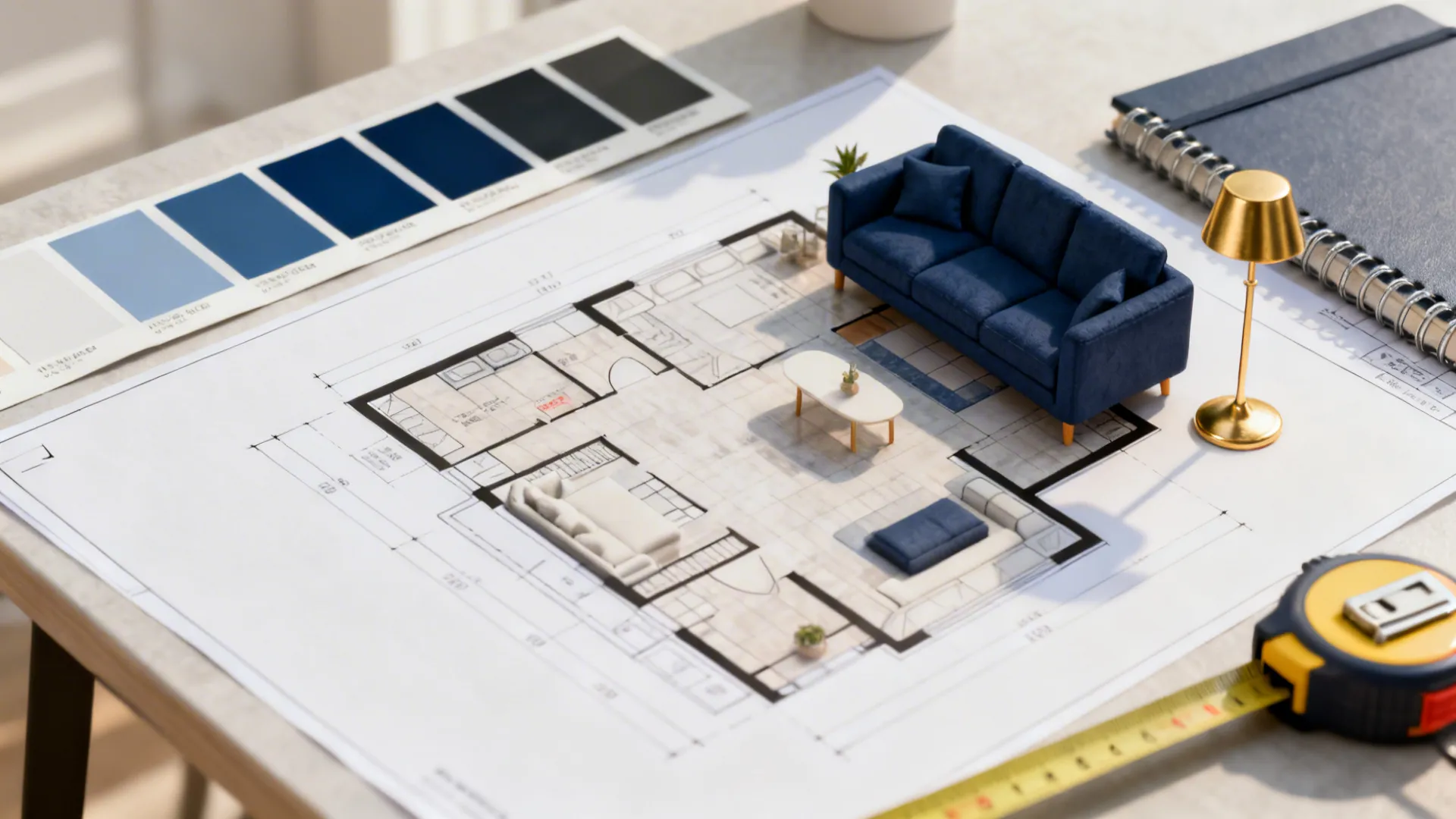 Top-down scene with paint swatches, 3D floor plan, and miniature navy furniture for layout planning.