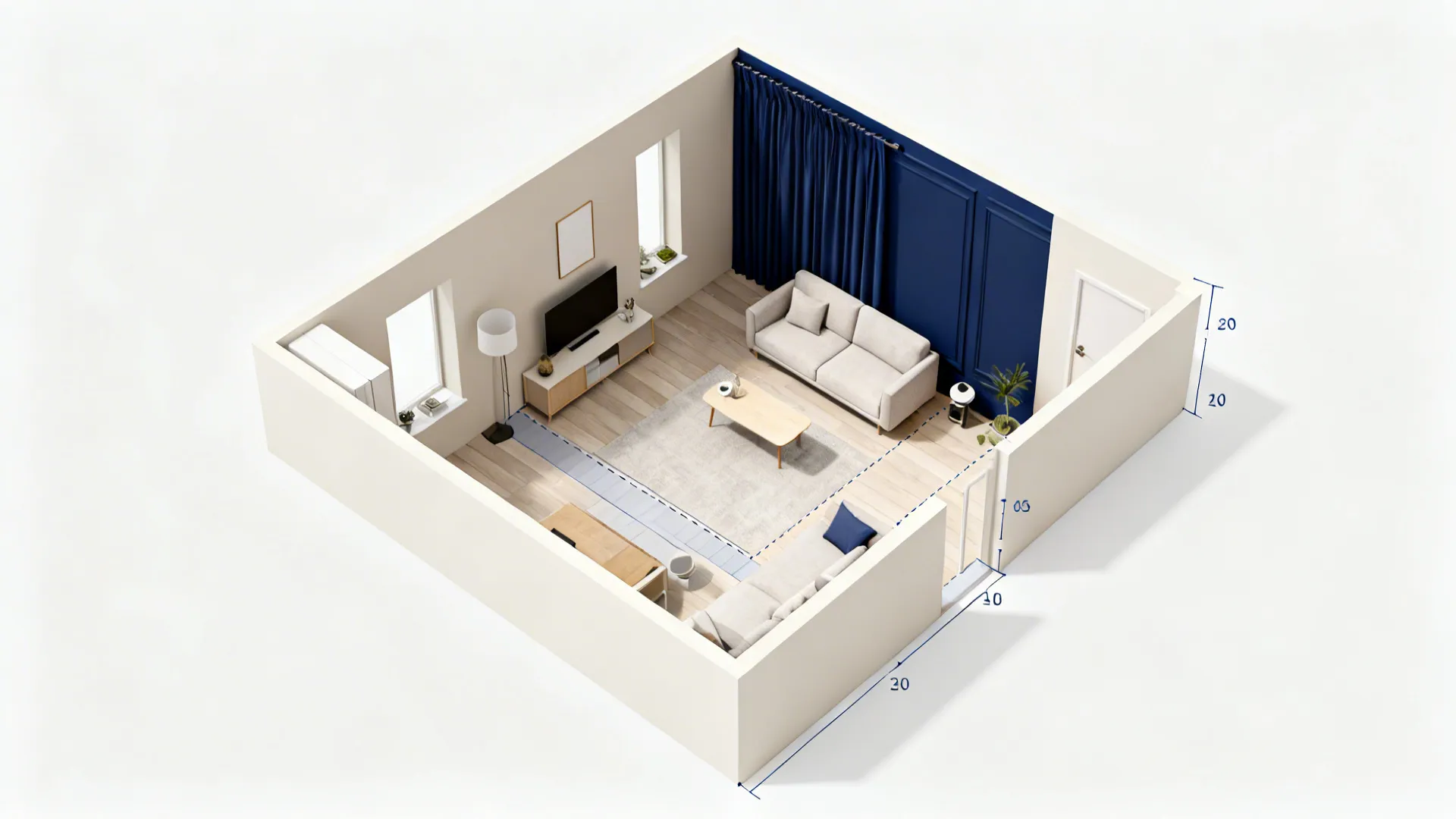 Interior design drawing showing a top down room layout of a living room with dimensions