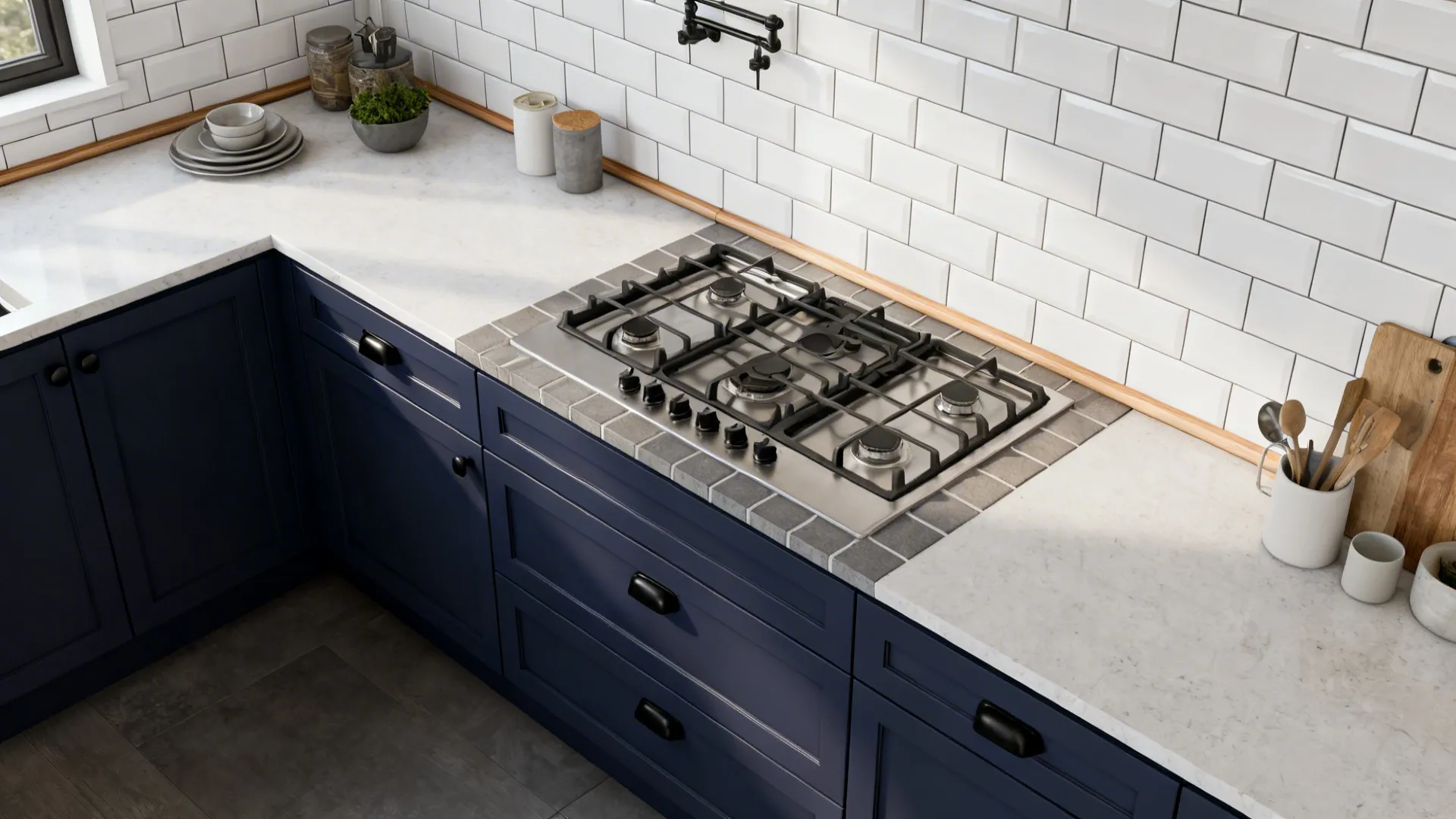 Top-down view highlighting navy base run, white stacked tiles to ceiling, and matte black details.