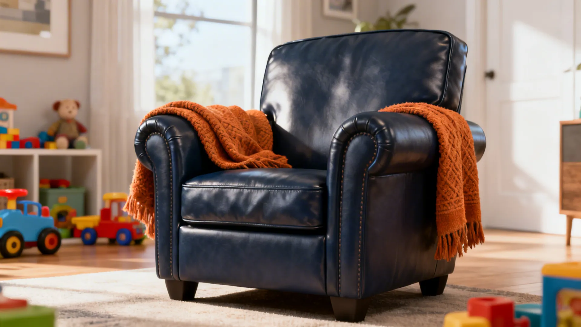 Compact navy leather club chair in a bright family living room with a warm throw