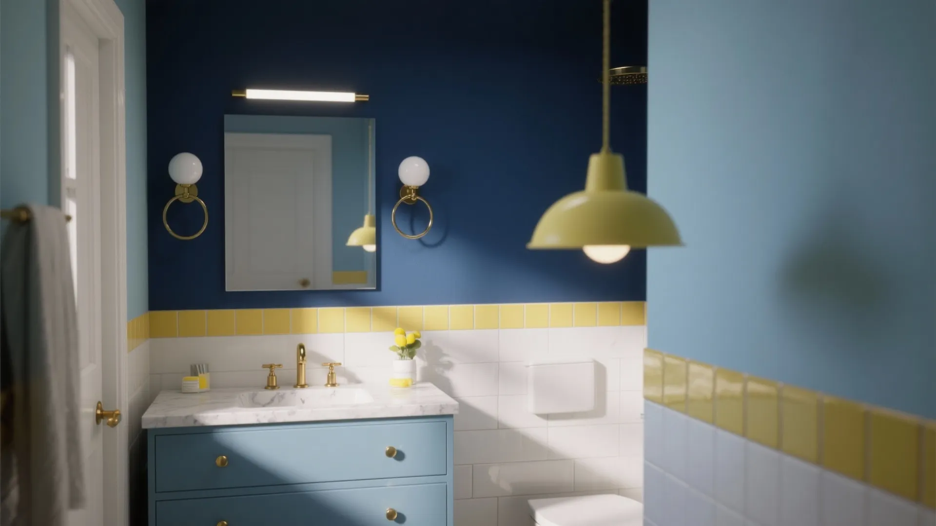 Colorful bathroom interior design featuring blue cabinet, yellow ceiling light, marble countertop, and wall mirror