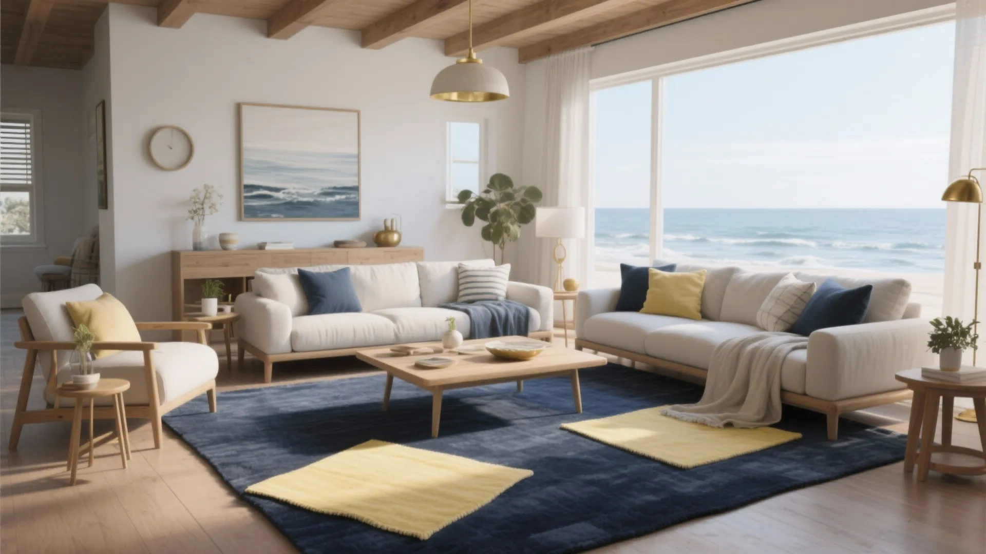 Bright living room with blue rug and yellow cushions overlooking a beautiful blue ocean view