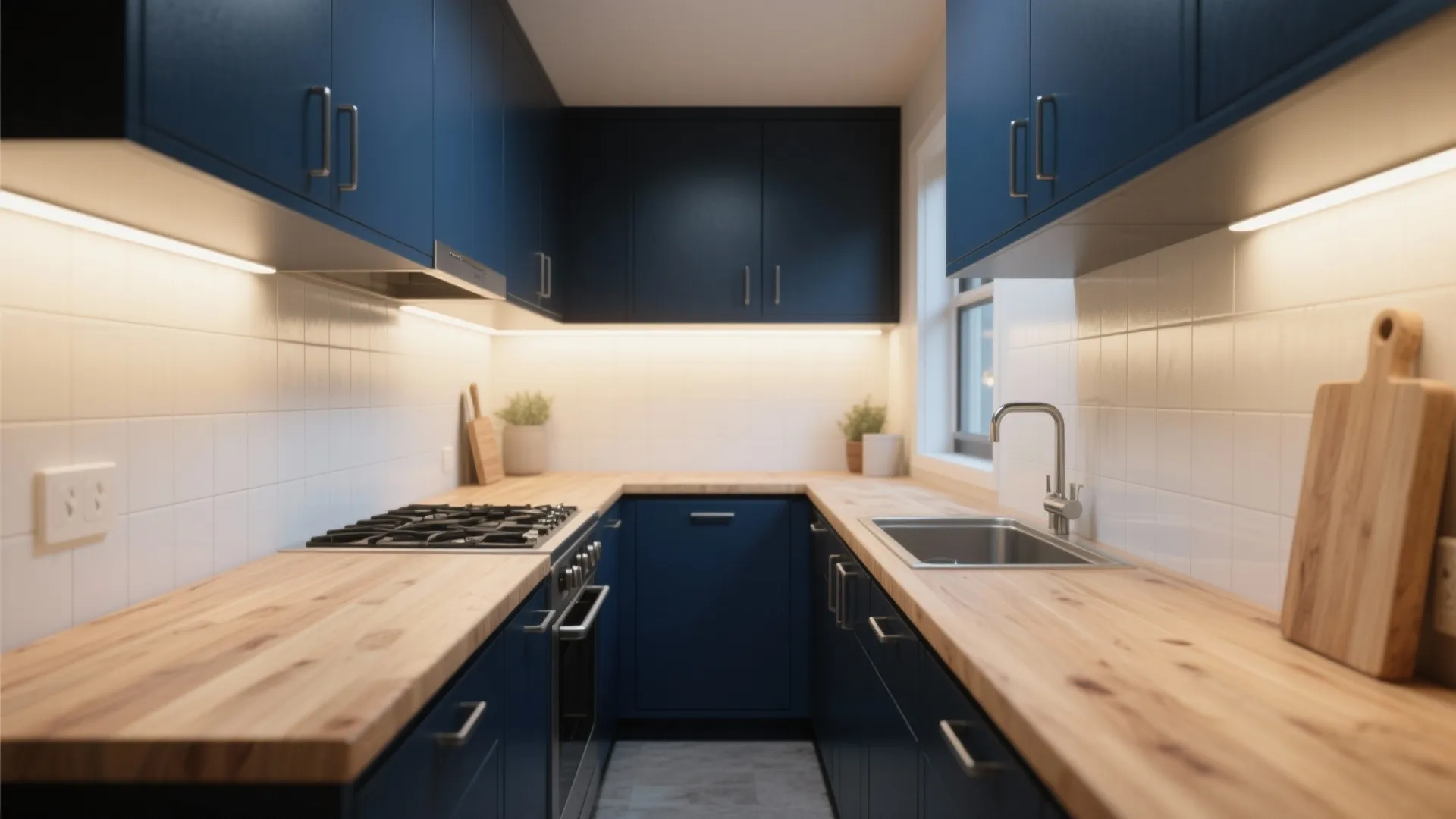 Small galley kitchen with dark blue cabinets wood countertops white tiles and warm under-cabinet lighting