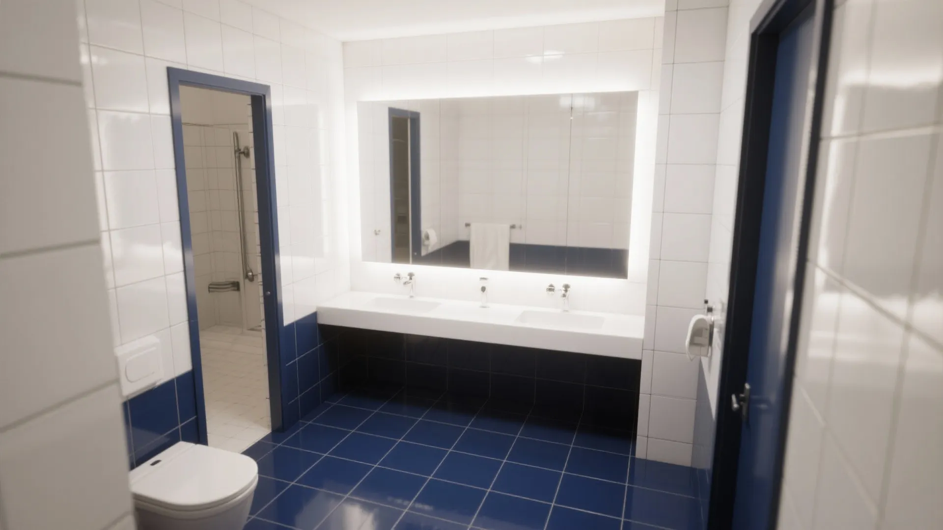Modern bathroom with blue floor tiles and white wall tiles featuring large mirror and sink