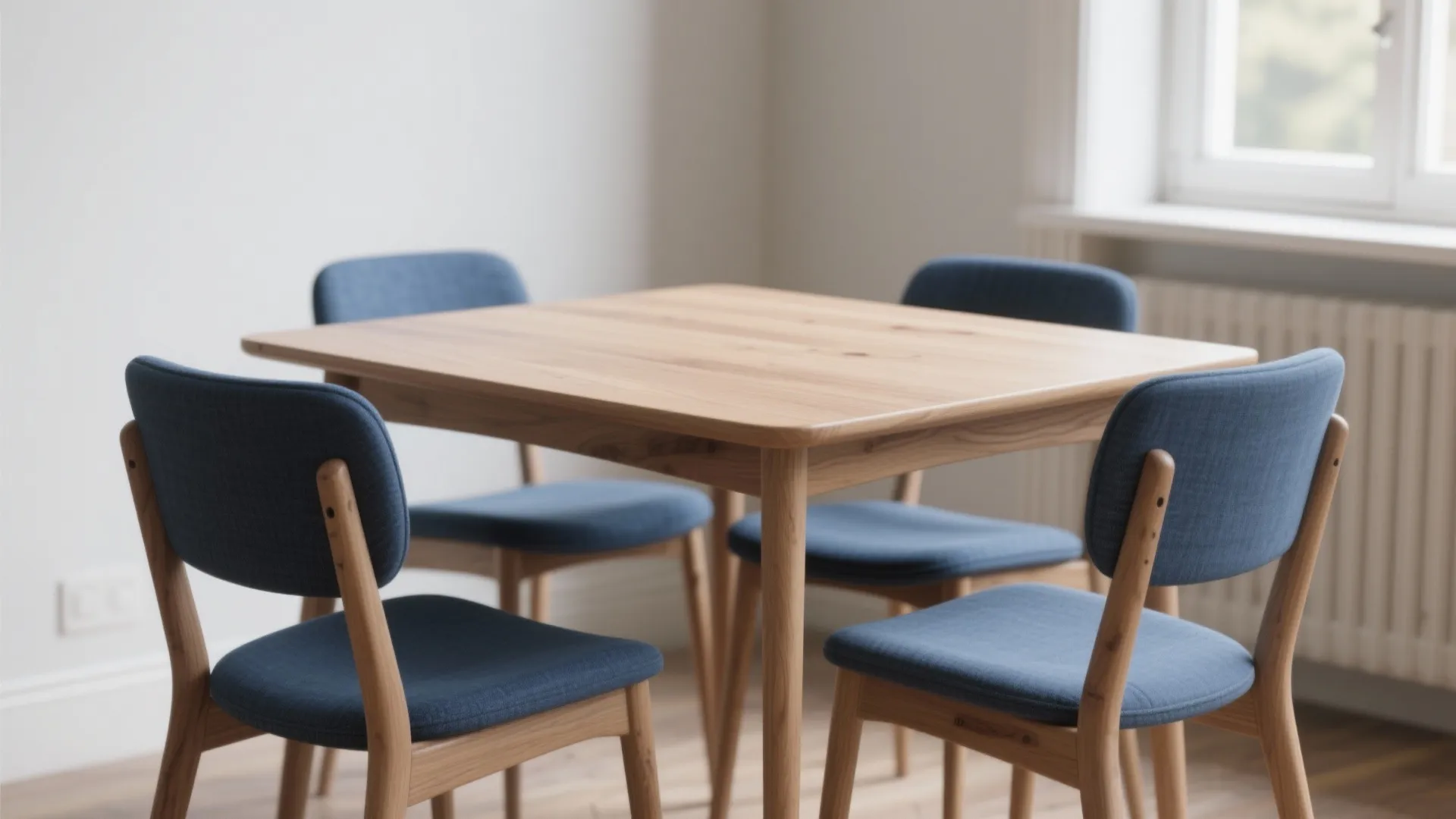 Square wooden dining table with four blue chairs in a bright room with white walls