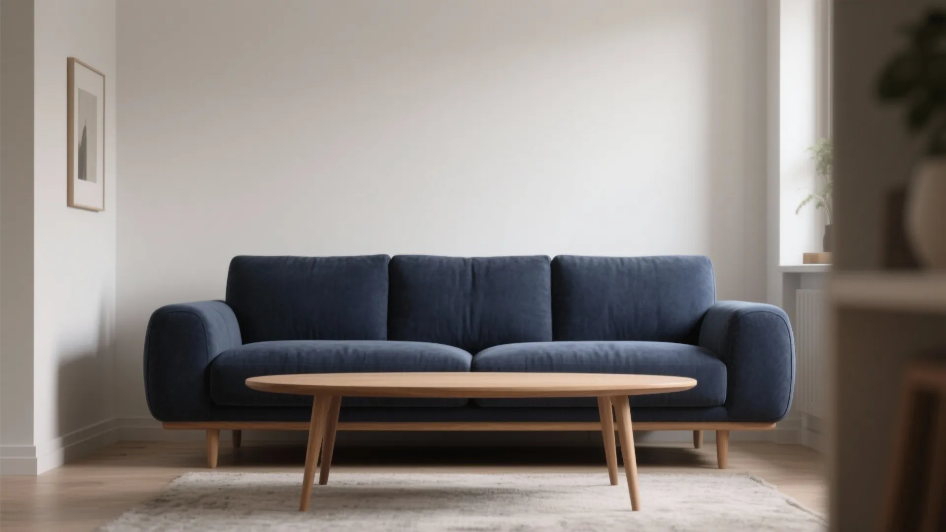 1. Navy Sofa + Light Wood Accents
