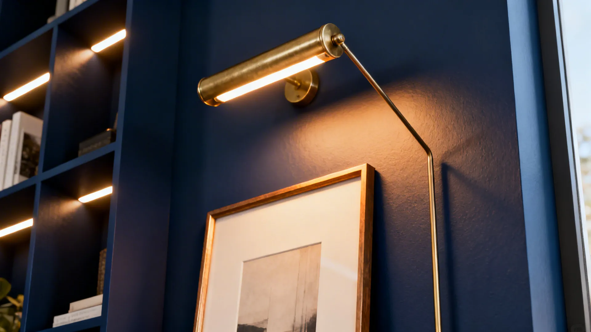 Layered lighting on a navy wall: LED strips, picture light, and floor lamp highlighting texture.