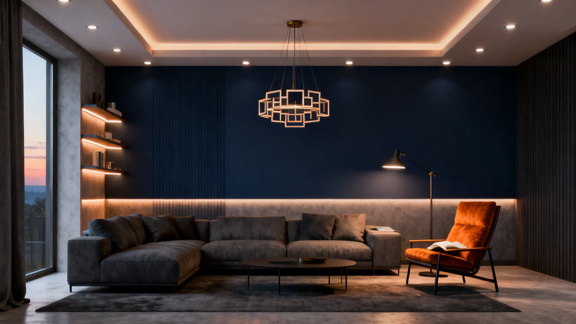 Living room demonstrating ambient, task and accent lighting layers on a navy wall.