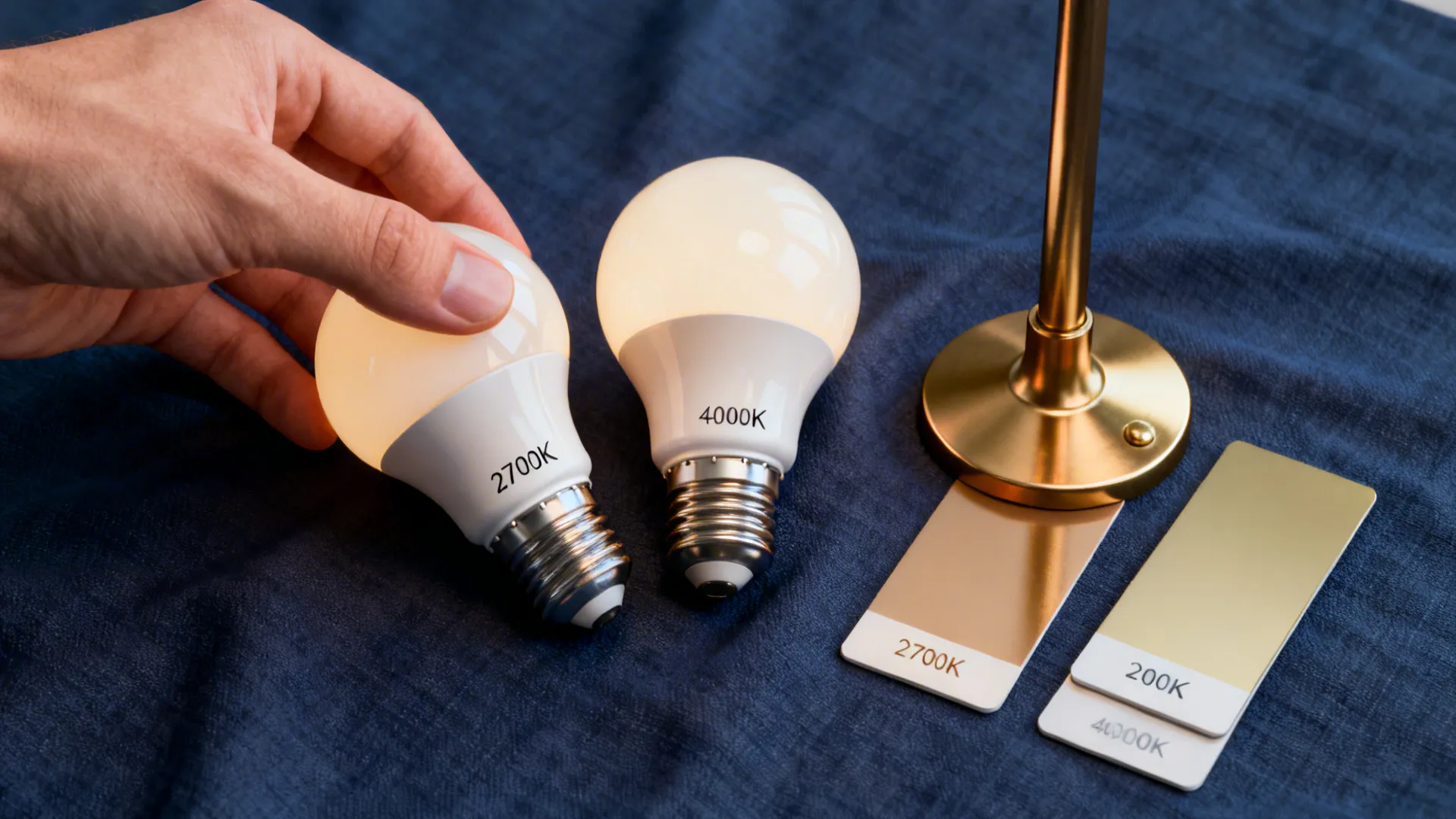 Lighting temperature and gold finish samples held against navy fabric to compare warmth.