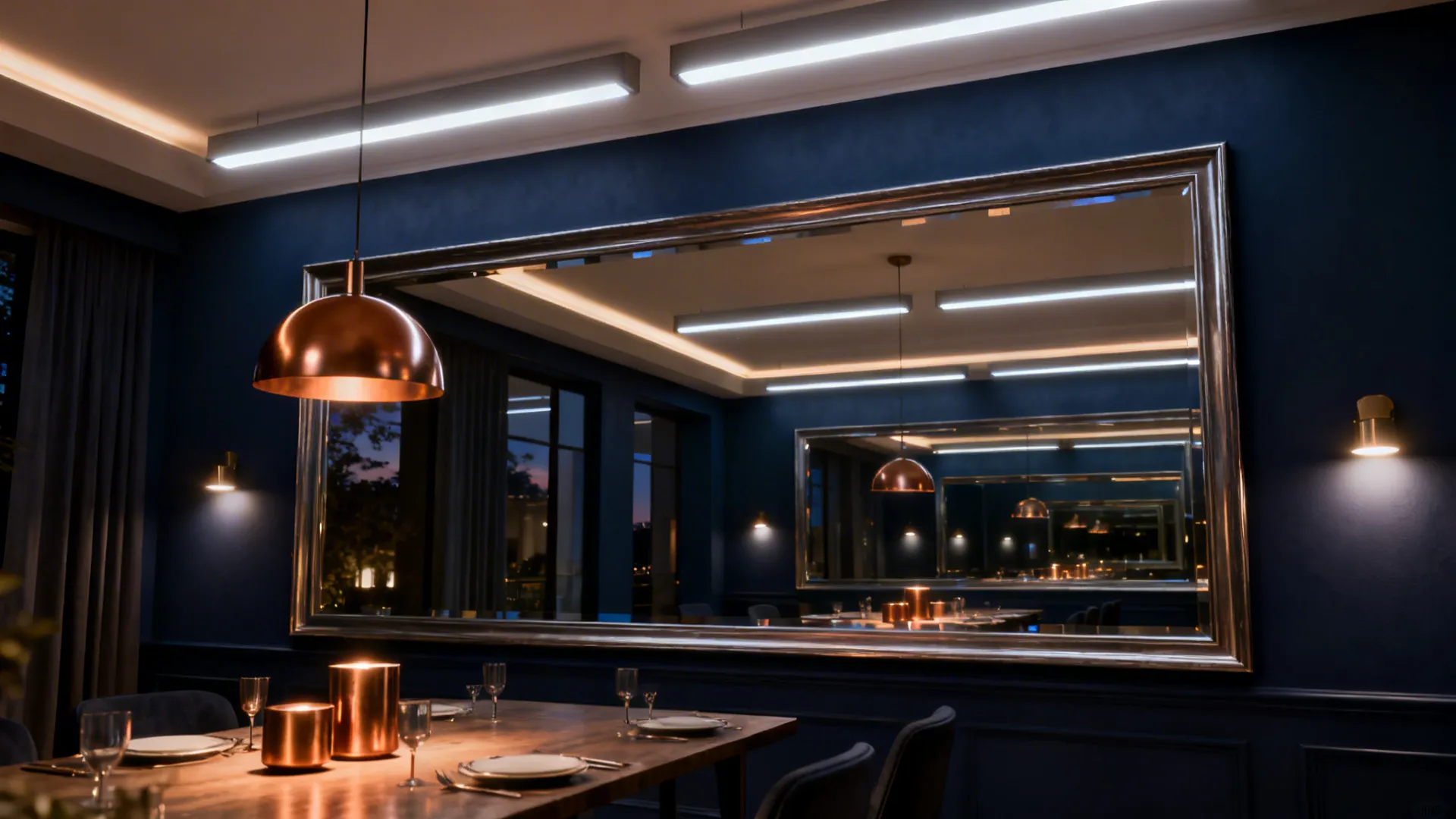 Loft dining area with a navy wall, large mirror, and layered warm lighting