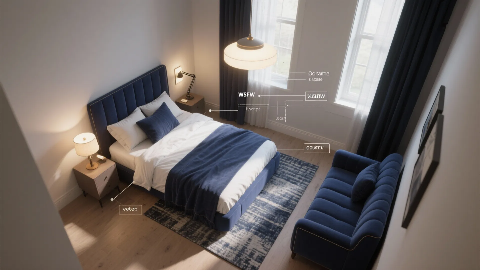 Interior design drawing showing bedroom layout with blue bed blue sofa and white ceiling light