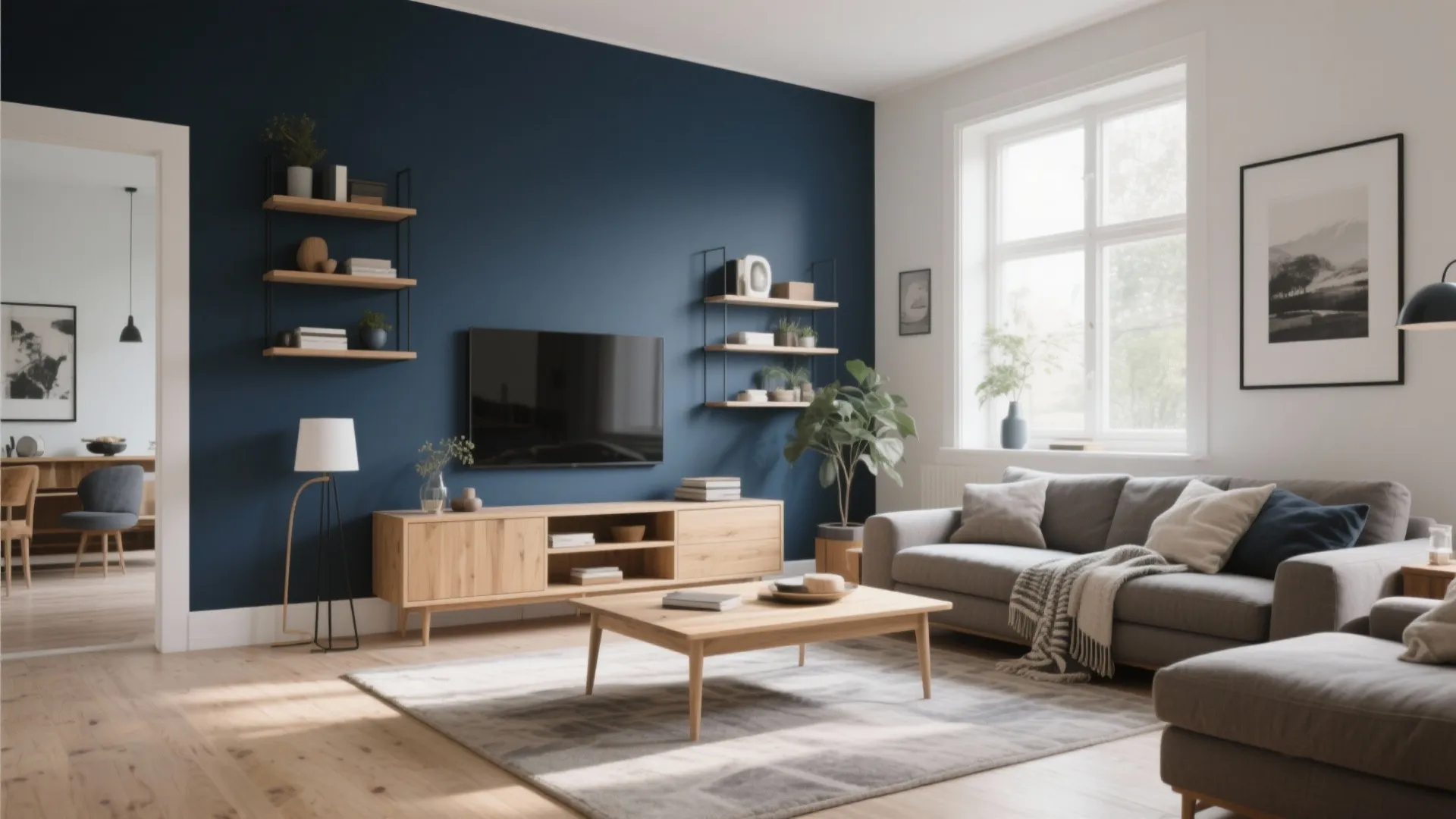 3. Navy Accents with Light Wood