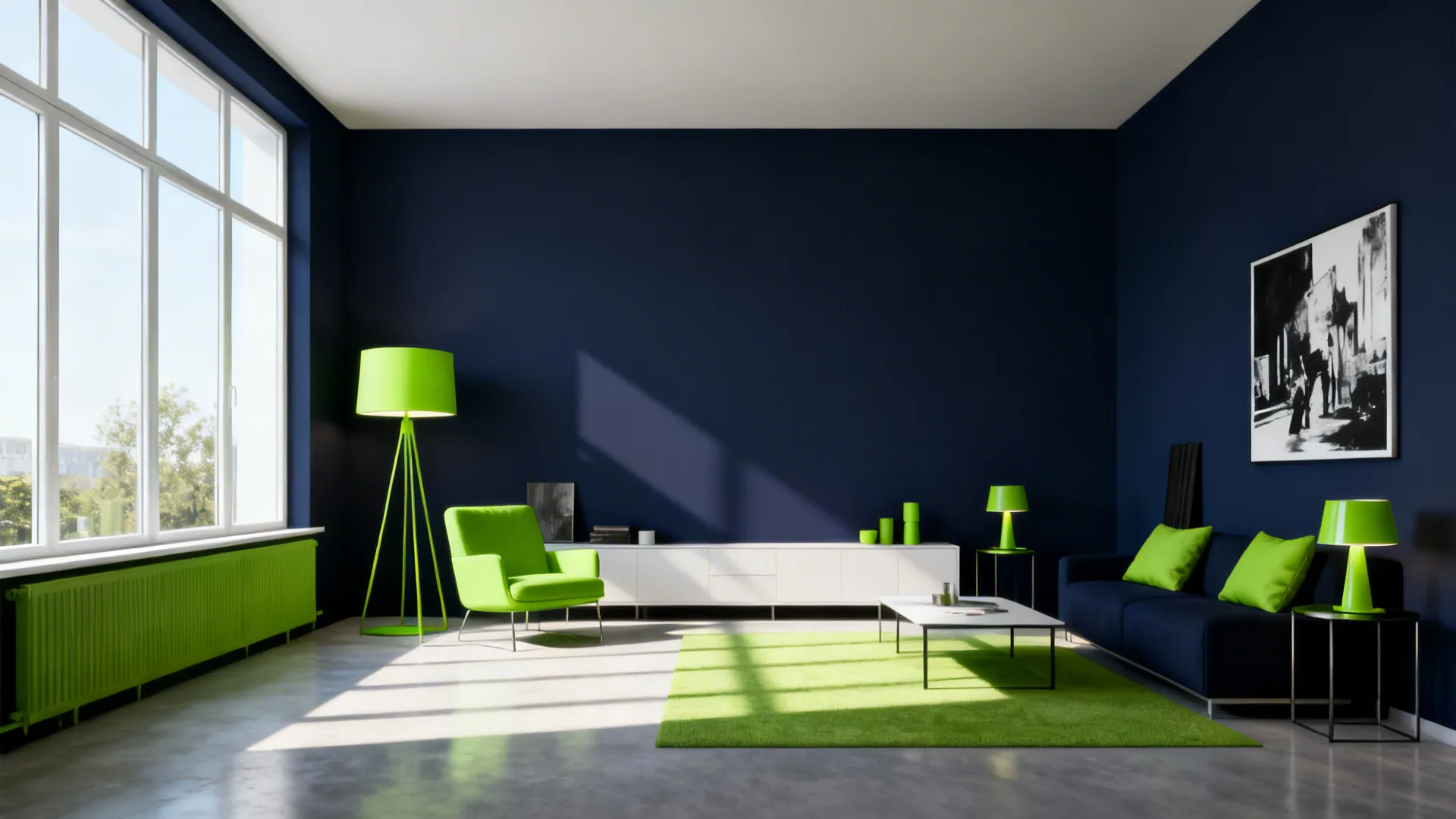Living room with a navy feature wall and lime green accent pieces for graphic contrast