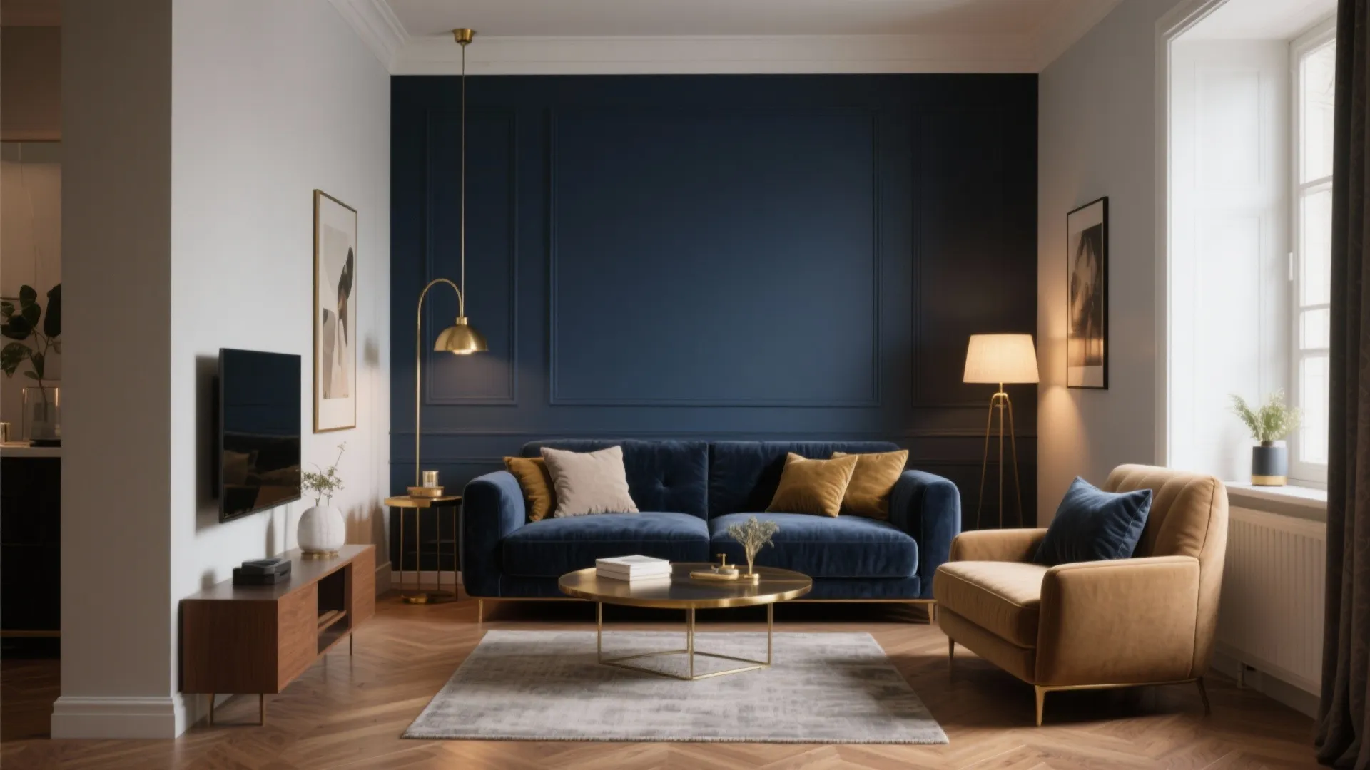 Modern navy living room featuring a blue sofa yellow armchair wooden cabinet and gold ceiling light