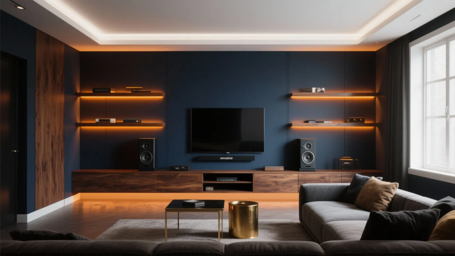 Modern living room with dark blue wall wooden cabinet television speakers and warm light strips
