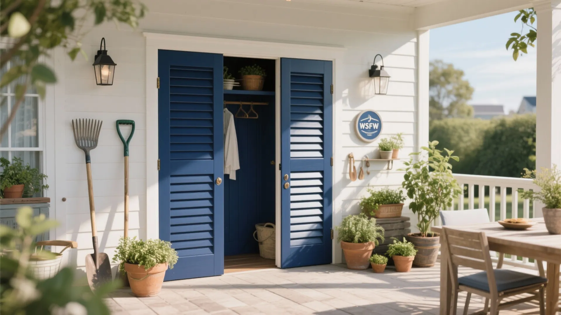 Outdoor patio with blue louvered closet doors wall lights green plants and wooden garden dining furniture