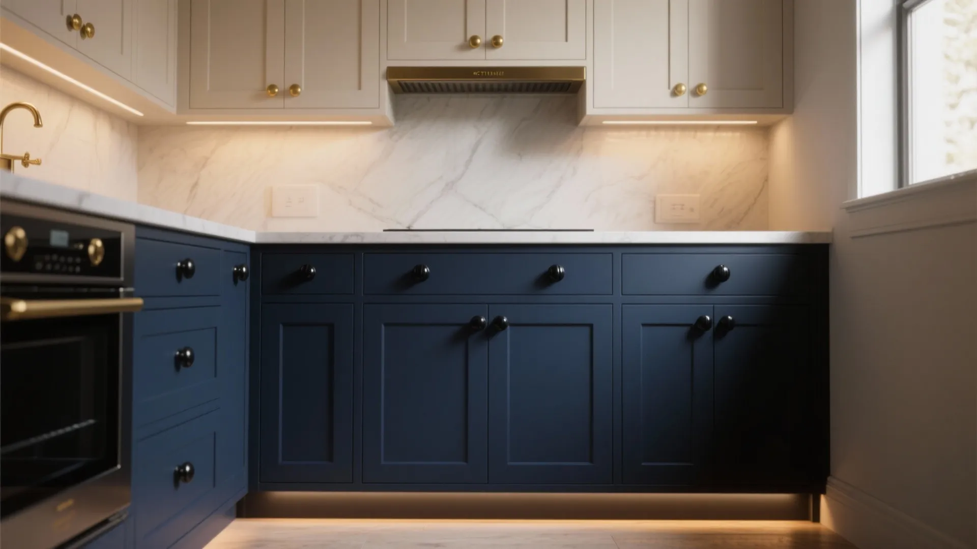 3. Use Black Knobs to Highlight Painted Lower Cabinets