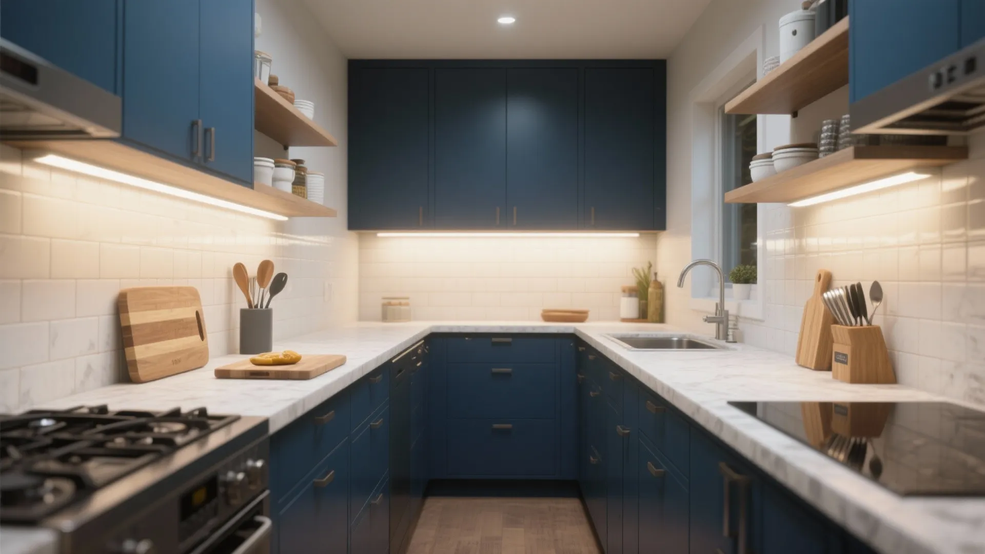 1. Navy Lower Cabinets + Light Counters