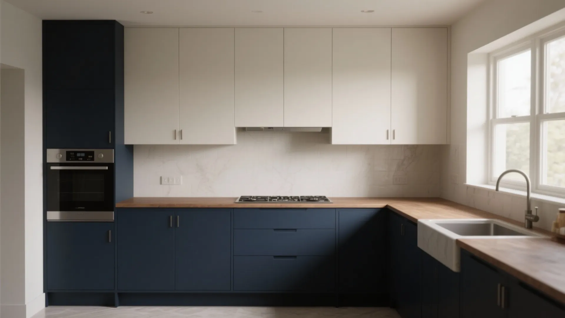 Modern kitchen featuring navy blue lower cabinets white upper cabinets wooden countertop and a large sink
