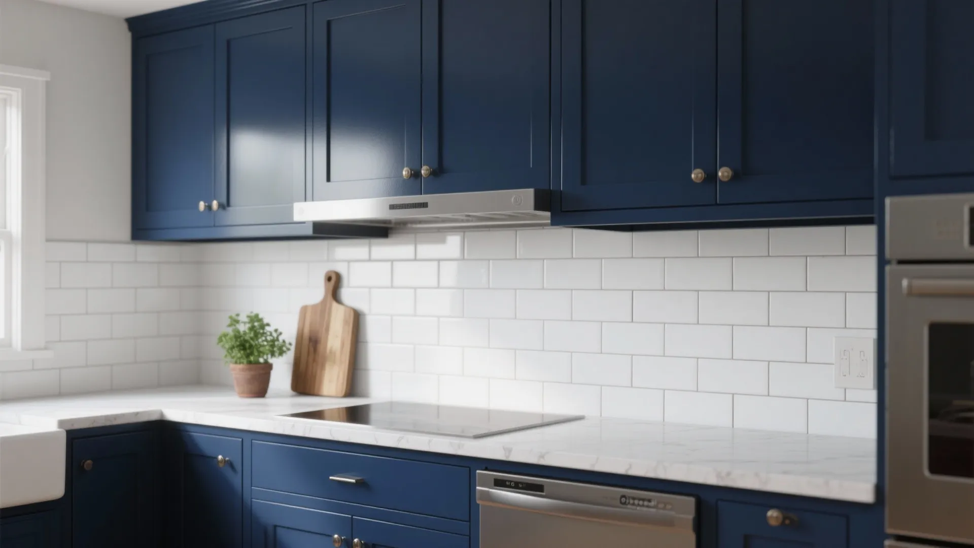 4. Painted Blue Lower Cabinets + White Subway Tile