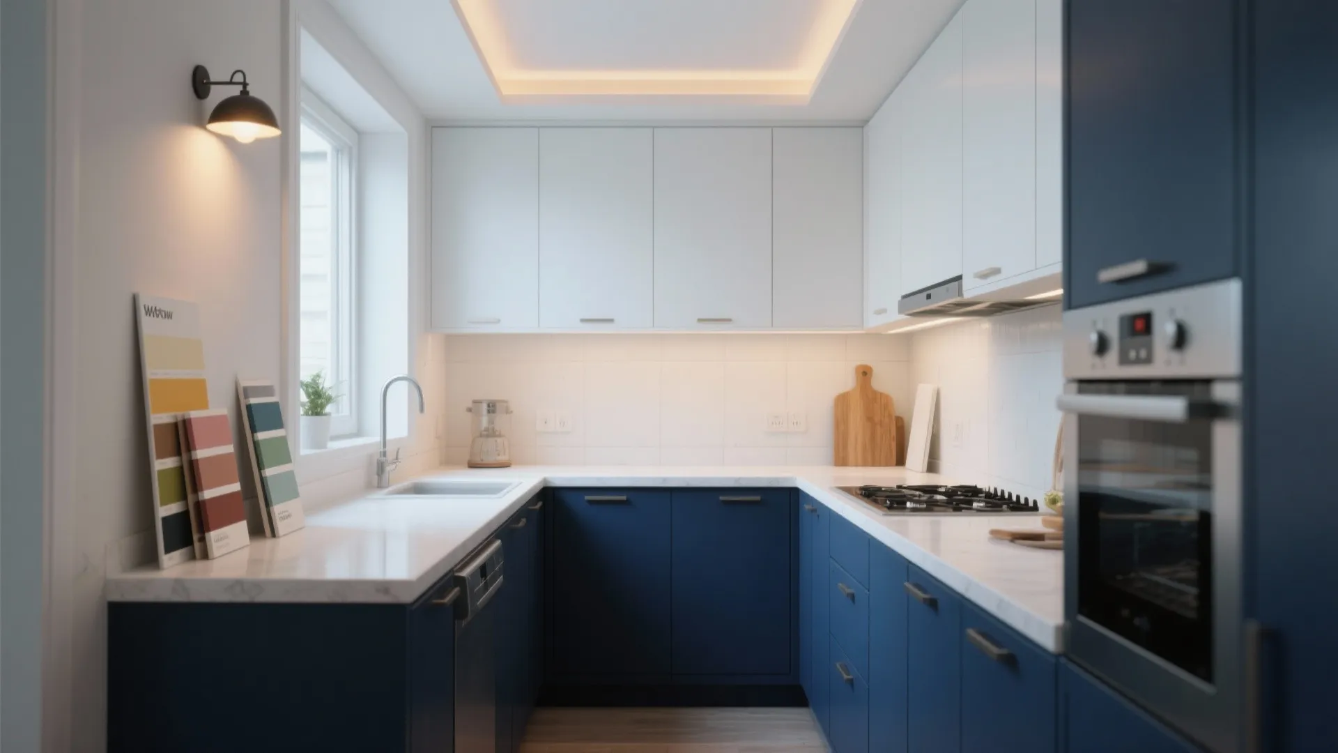 Modern kitchen including blue lower cabinets white upper cabinets white countertop sink and wall light
