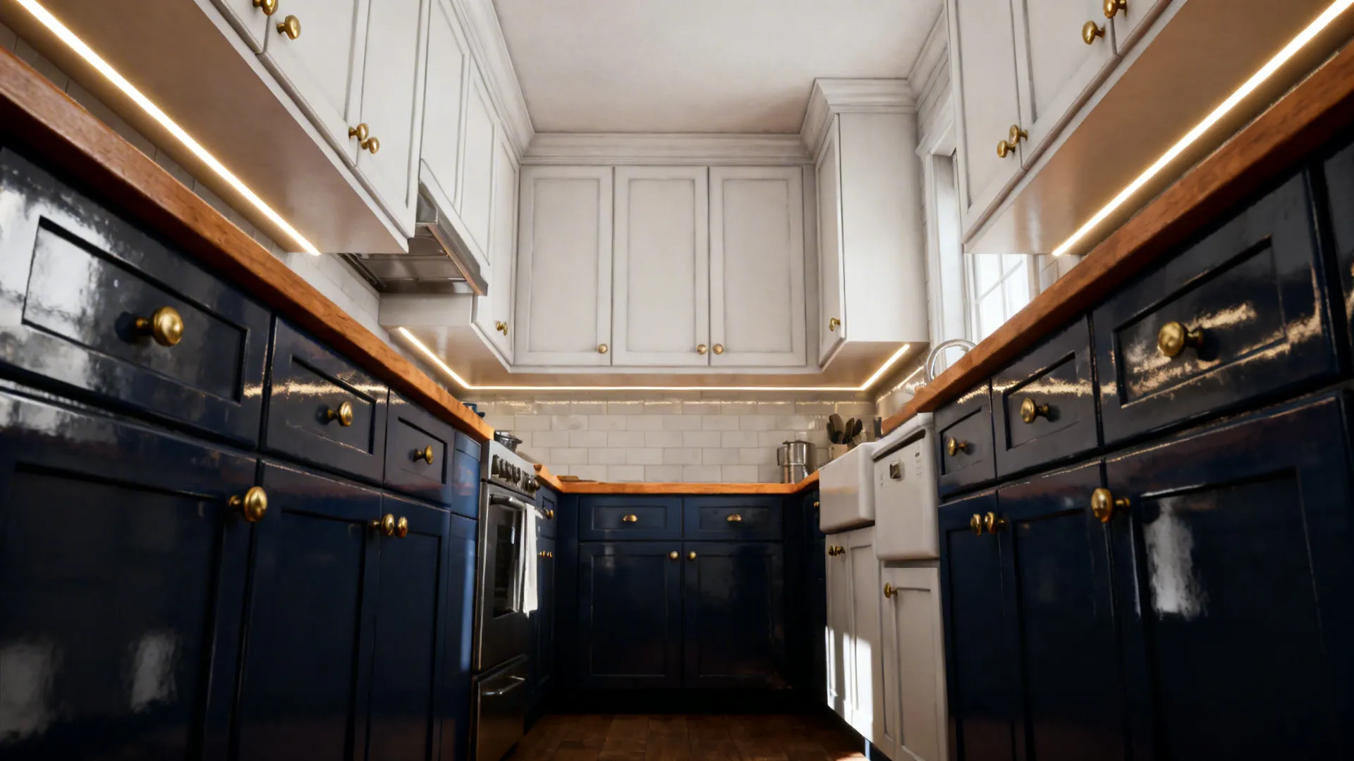 Small kitchen with deep navy lower cabinets, white uppers, brass hardware and warm wood countertops.