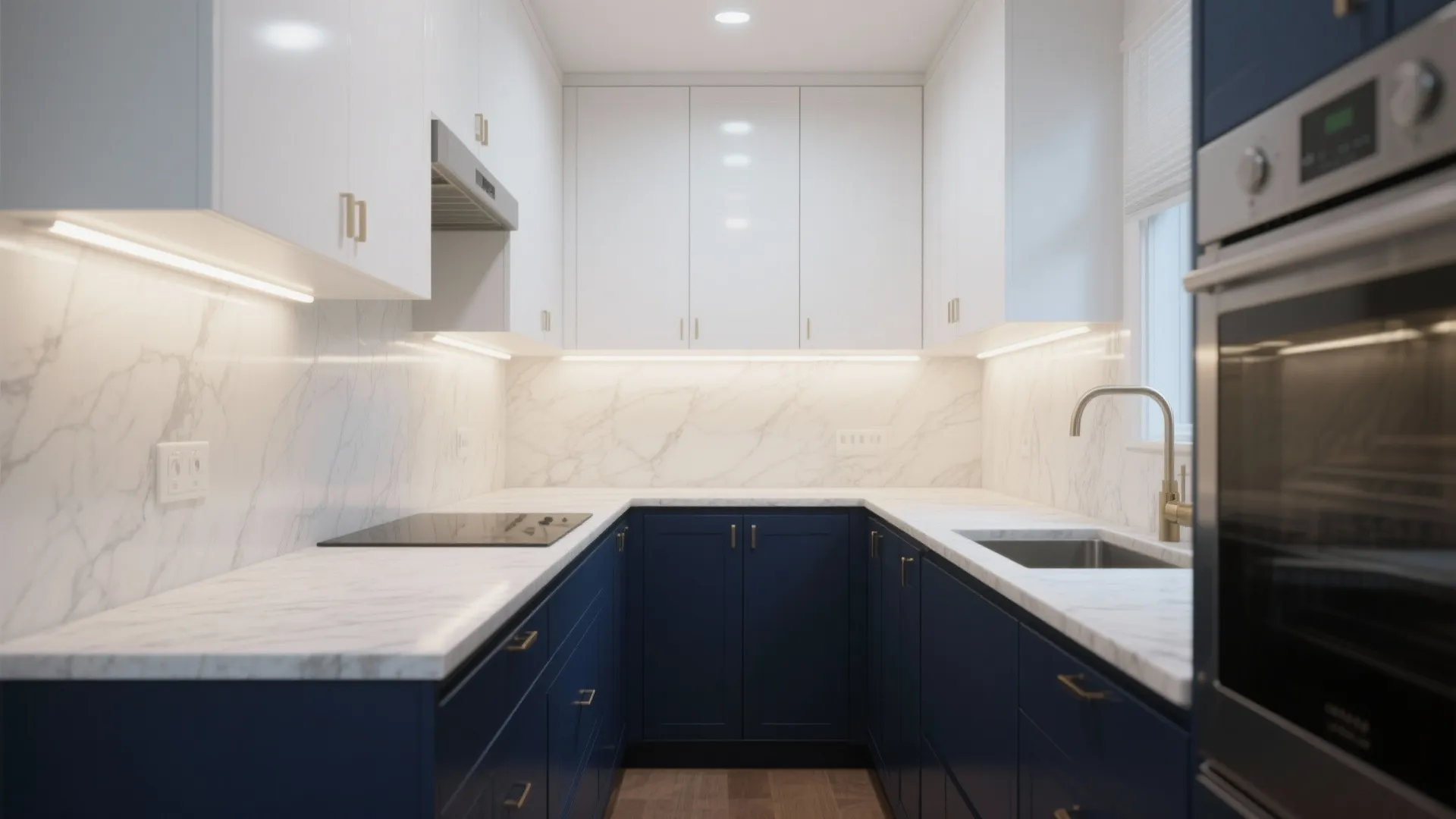 1. Navy lower cabinets, white uppers
