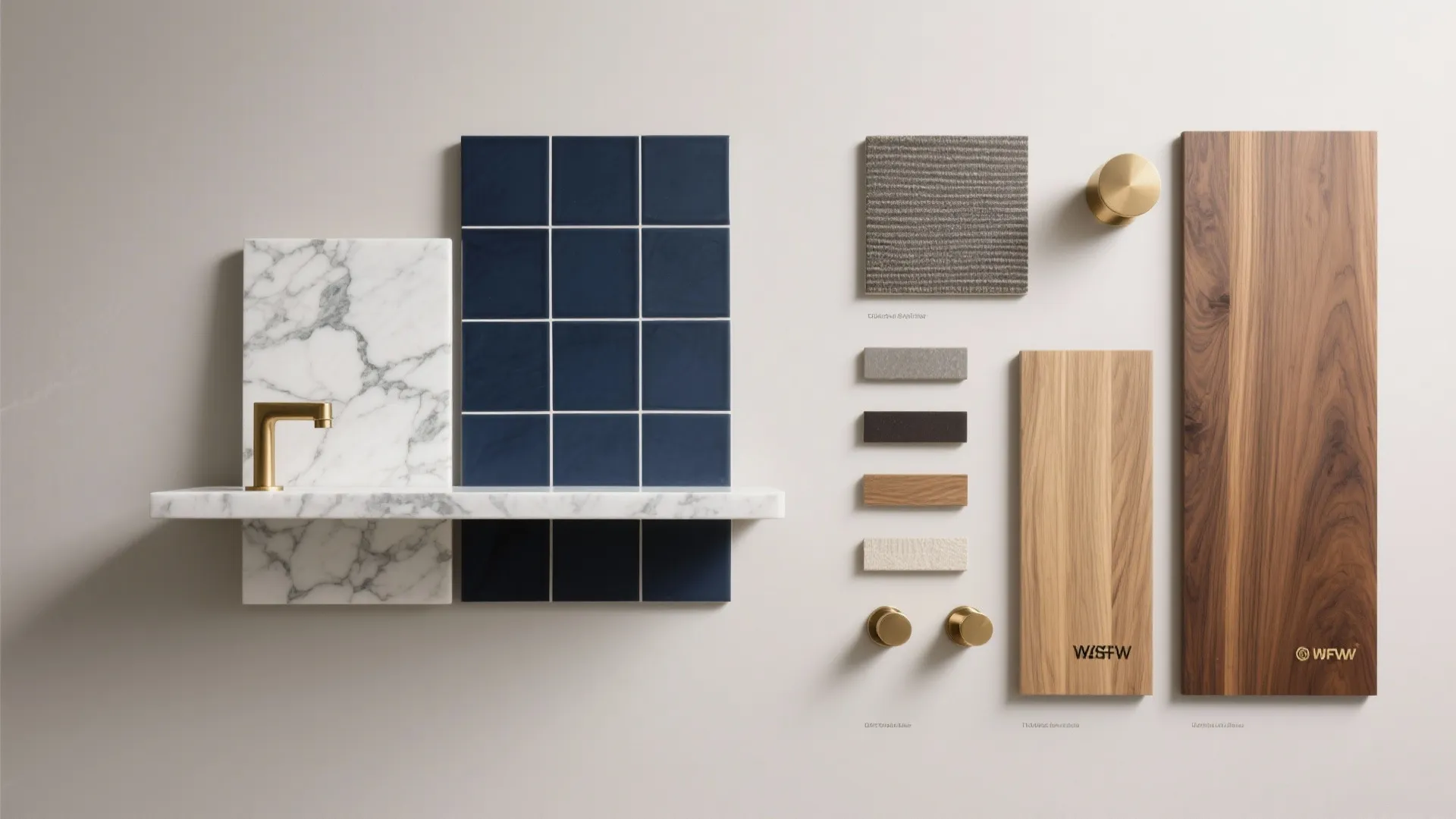 Interior design material board showing blue tiles marble shelf wood samples and gold metal handles