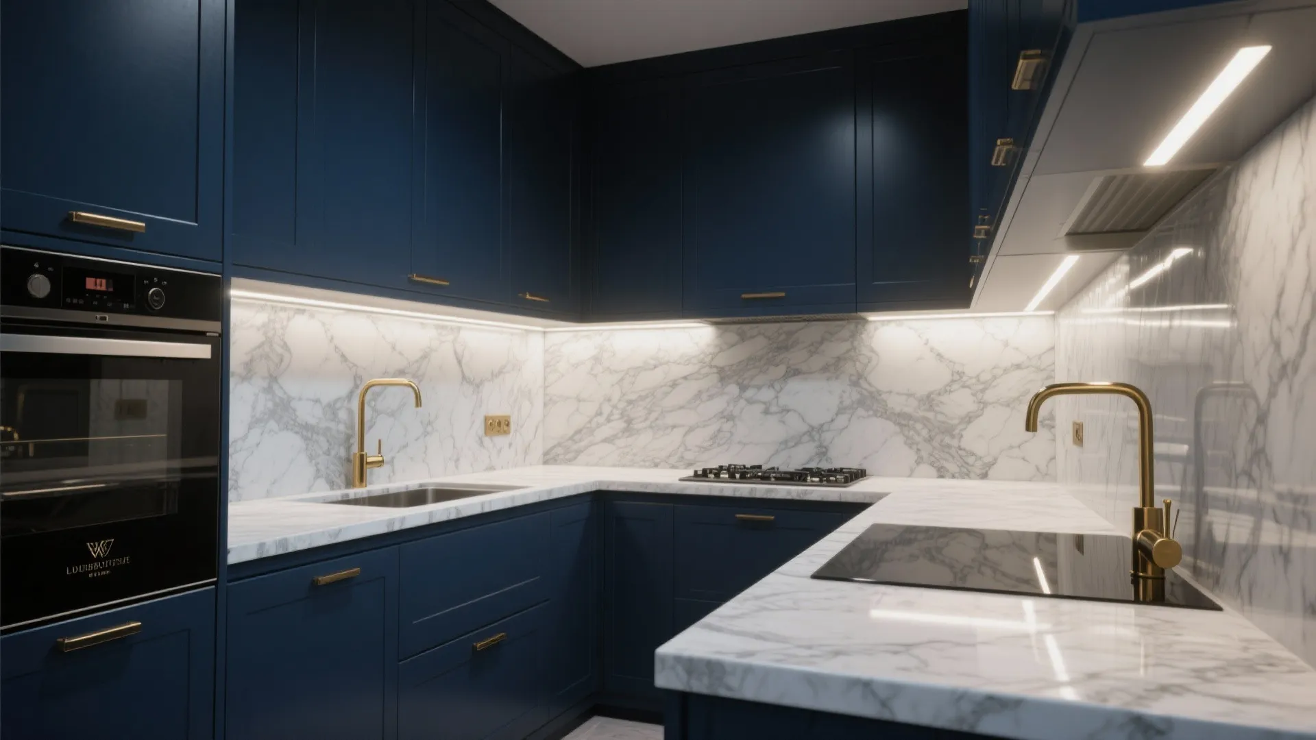 Compact kitchen with deep navy cabinets and light grey veined marble countertops