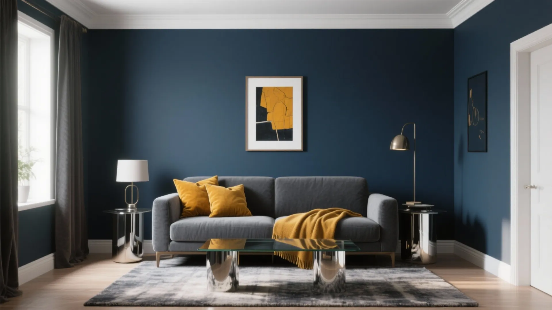 Modern navy living room with grey sofa yellow pillows coffee table rug and gold light fixture