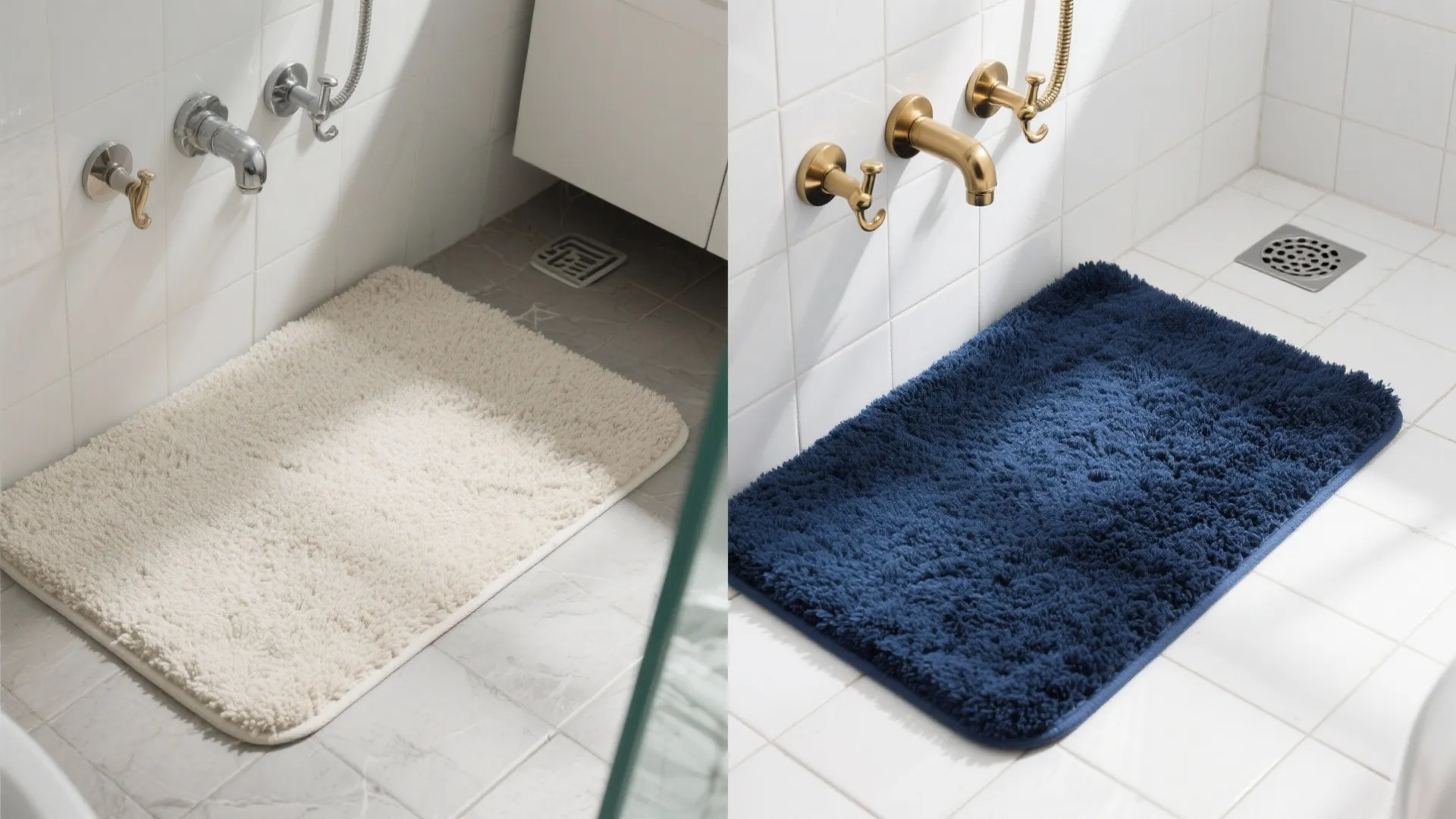 5. Navy bath mat plus brass or chrome accents