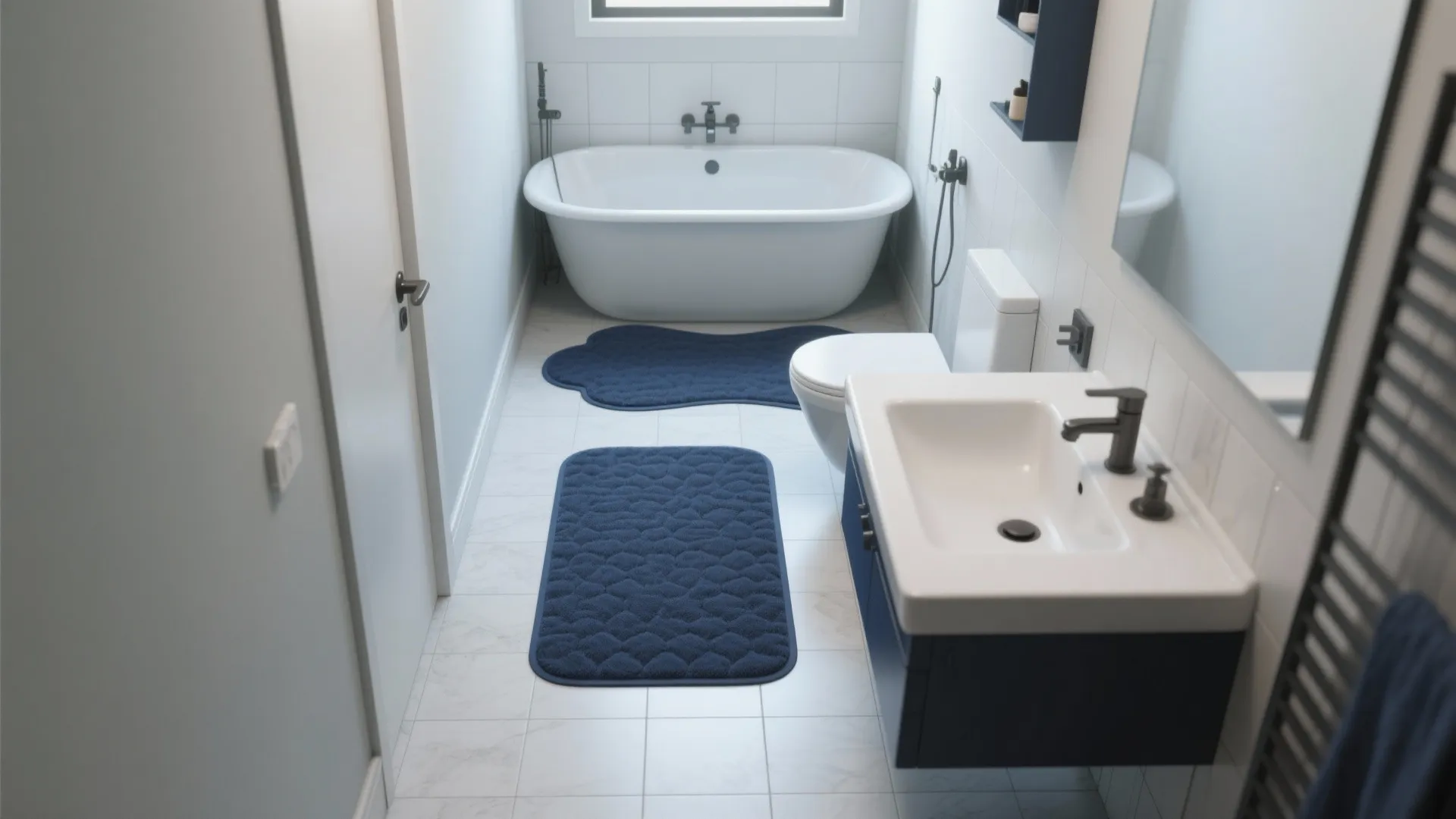 Narrow bathroom with navy contour mat around tub and matching runner by the sink, showing non-slip backing.
