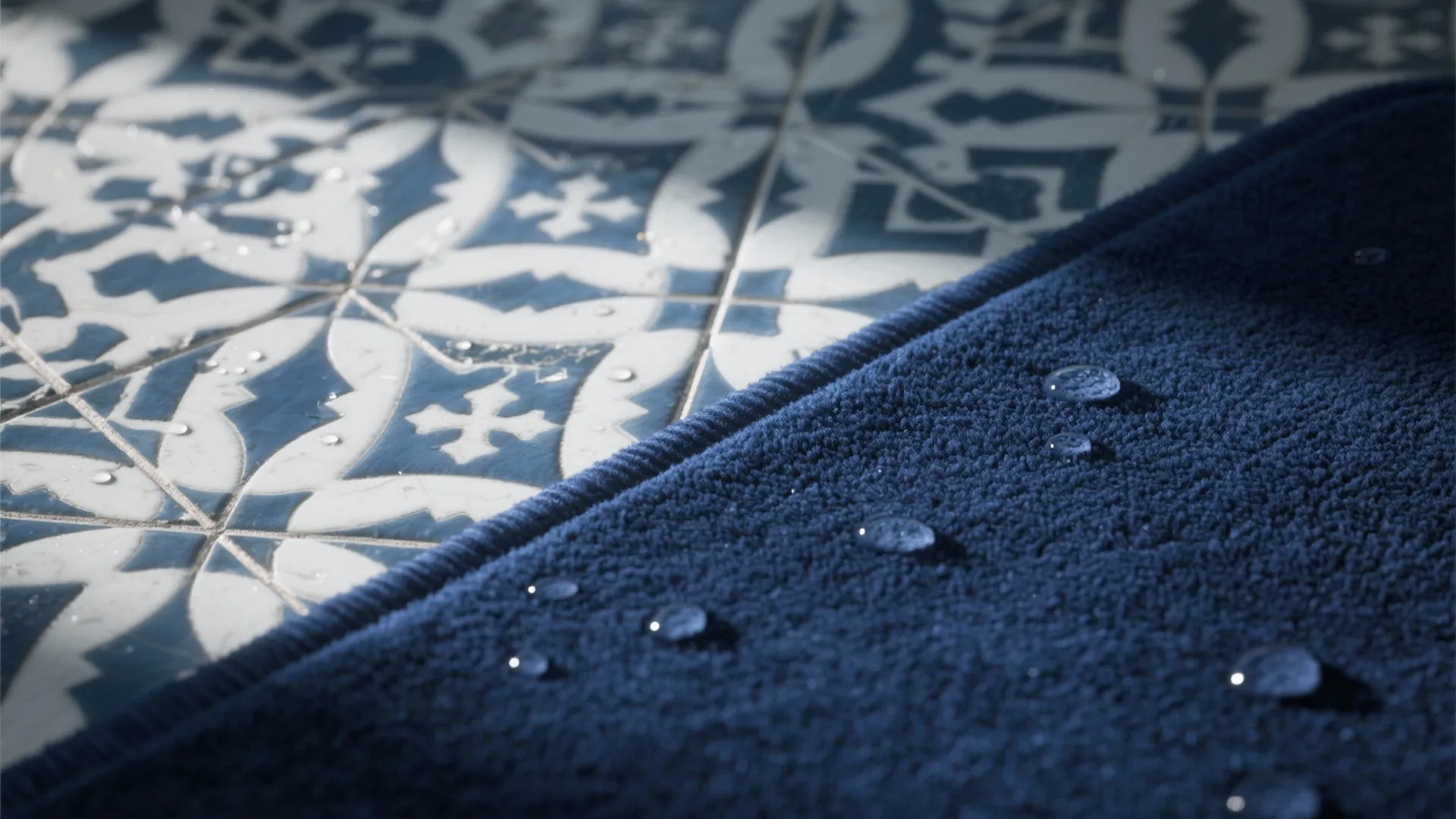 Close up of water drops on a blue rug and blue white patterned bathroom floor