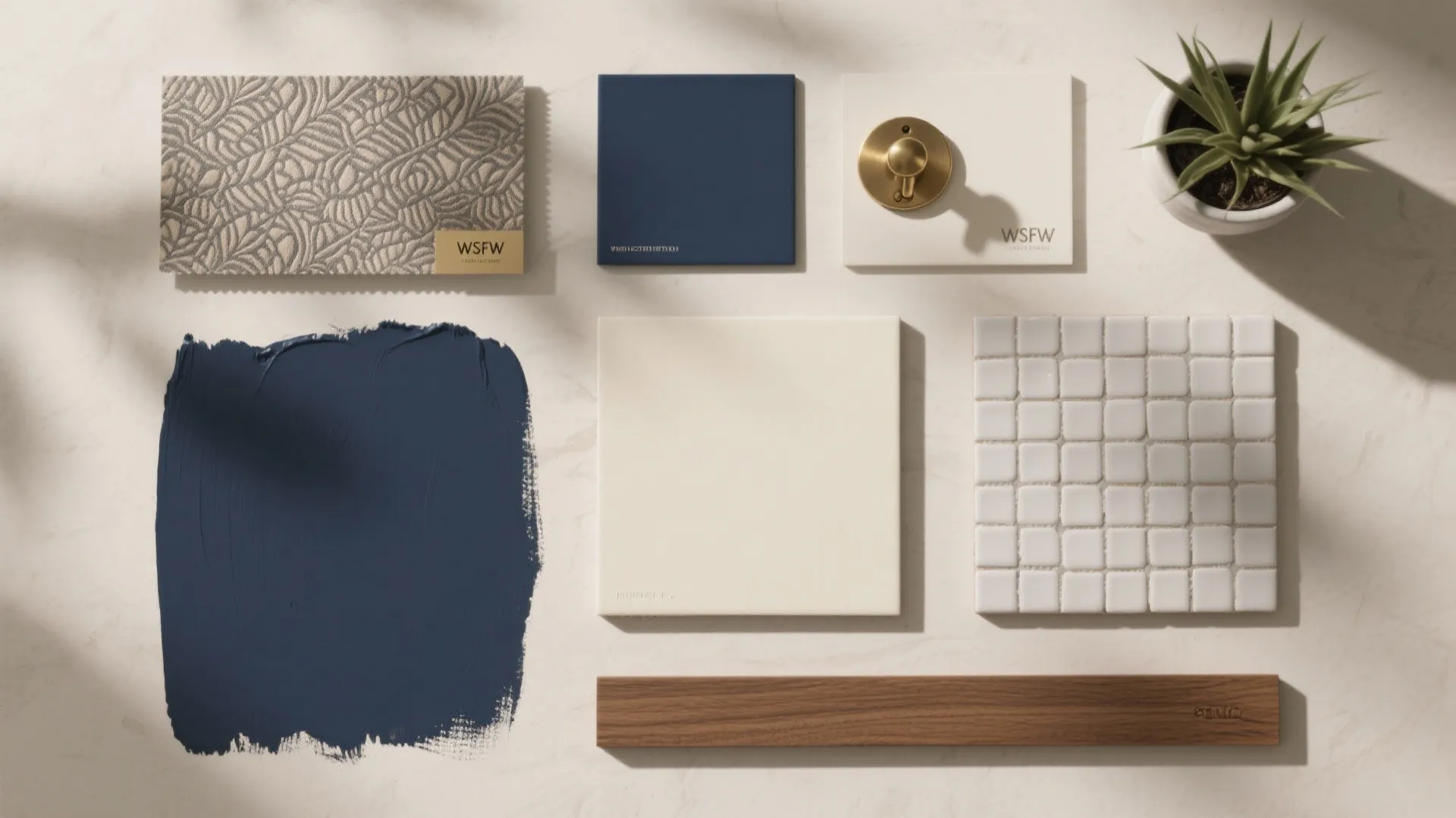Interior design material board with navy paint, patterned fabric, white tiles, brass knob, and wood