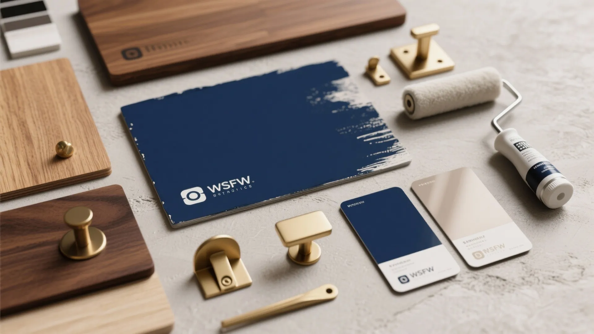 Interior design material flatlay with wood samples gold handles navy paint color cards and paint roller