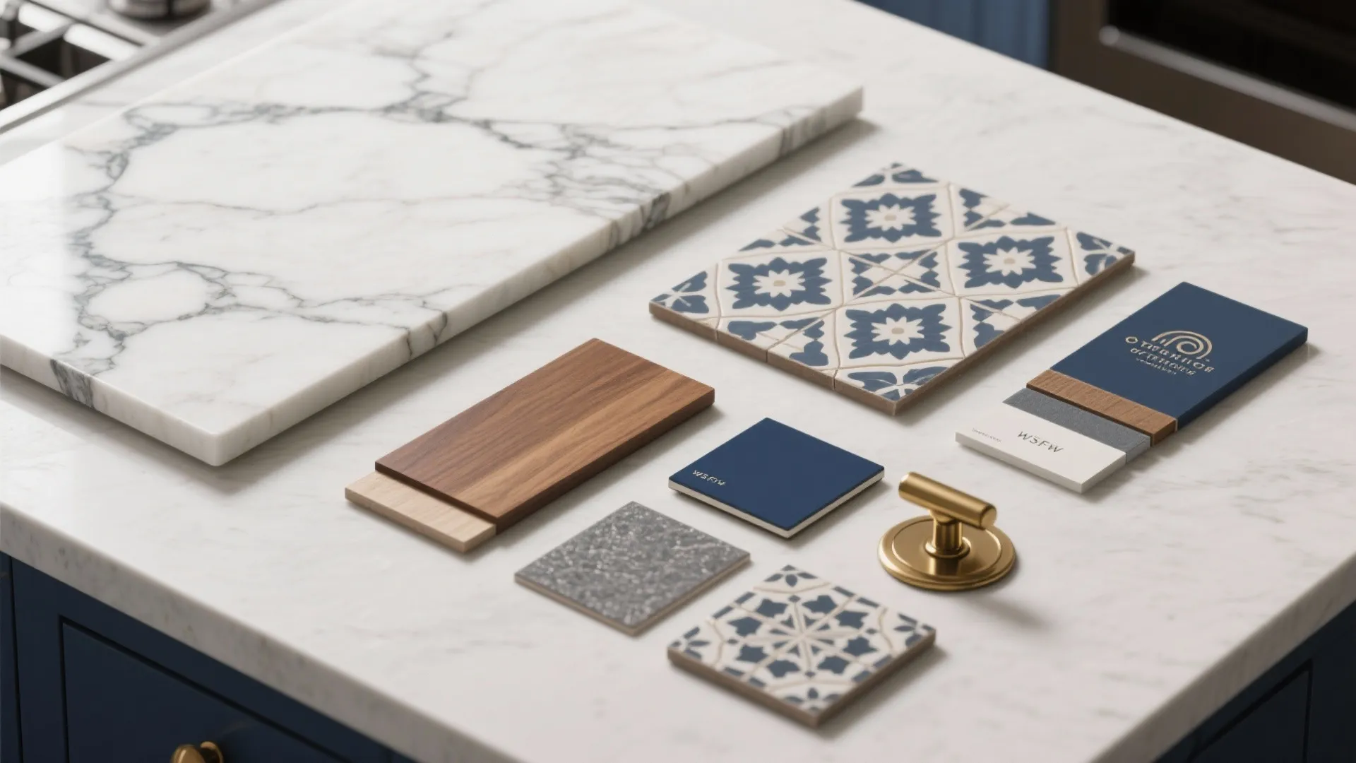 Kitchen design material board with marble slab patterned tiles wood samples and a gold knob