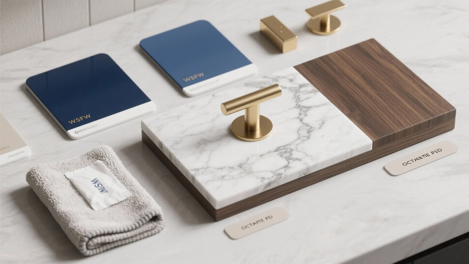 Flatlay of paint swatches, gold hardware samples and countertop chips for navy vanity planning